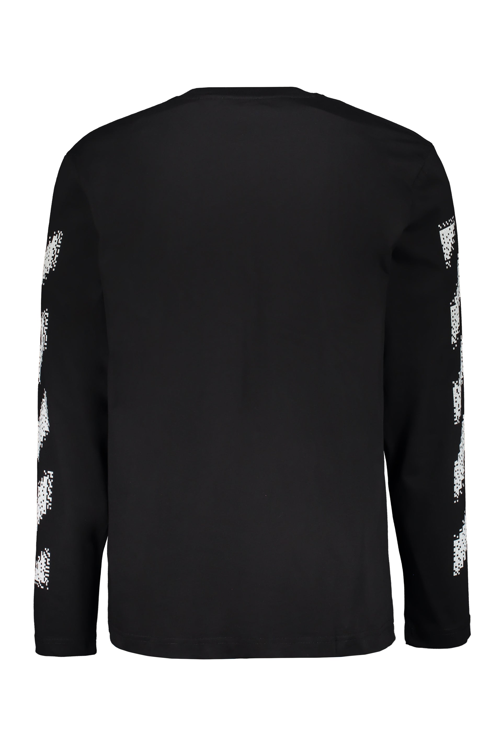 Black long-sleeve T-shirt with graphic details