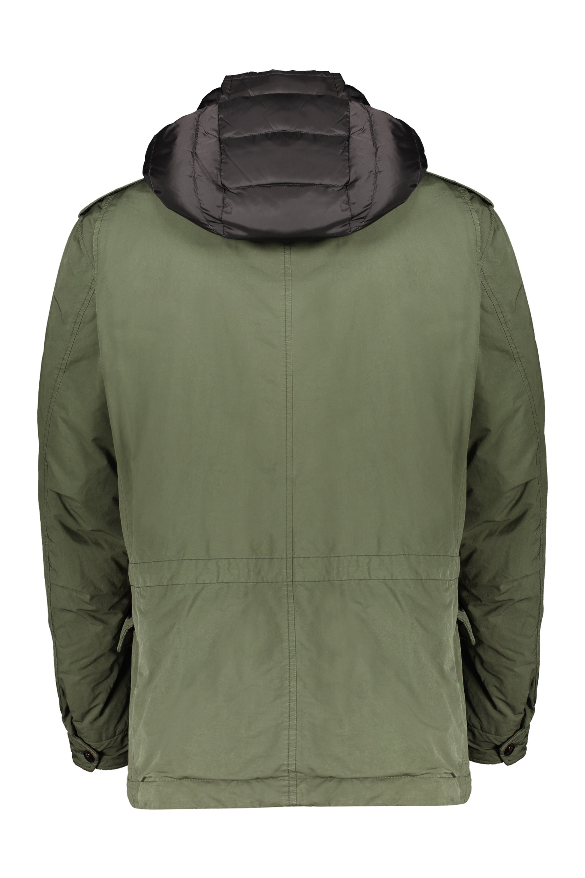 Olive green down jacket with hood and pockets