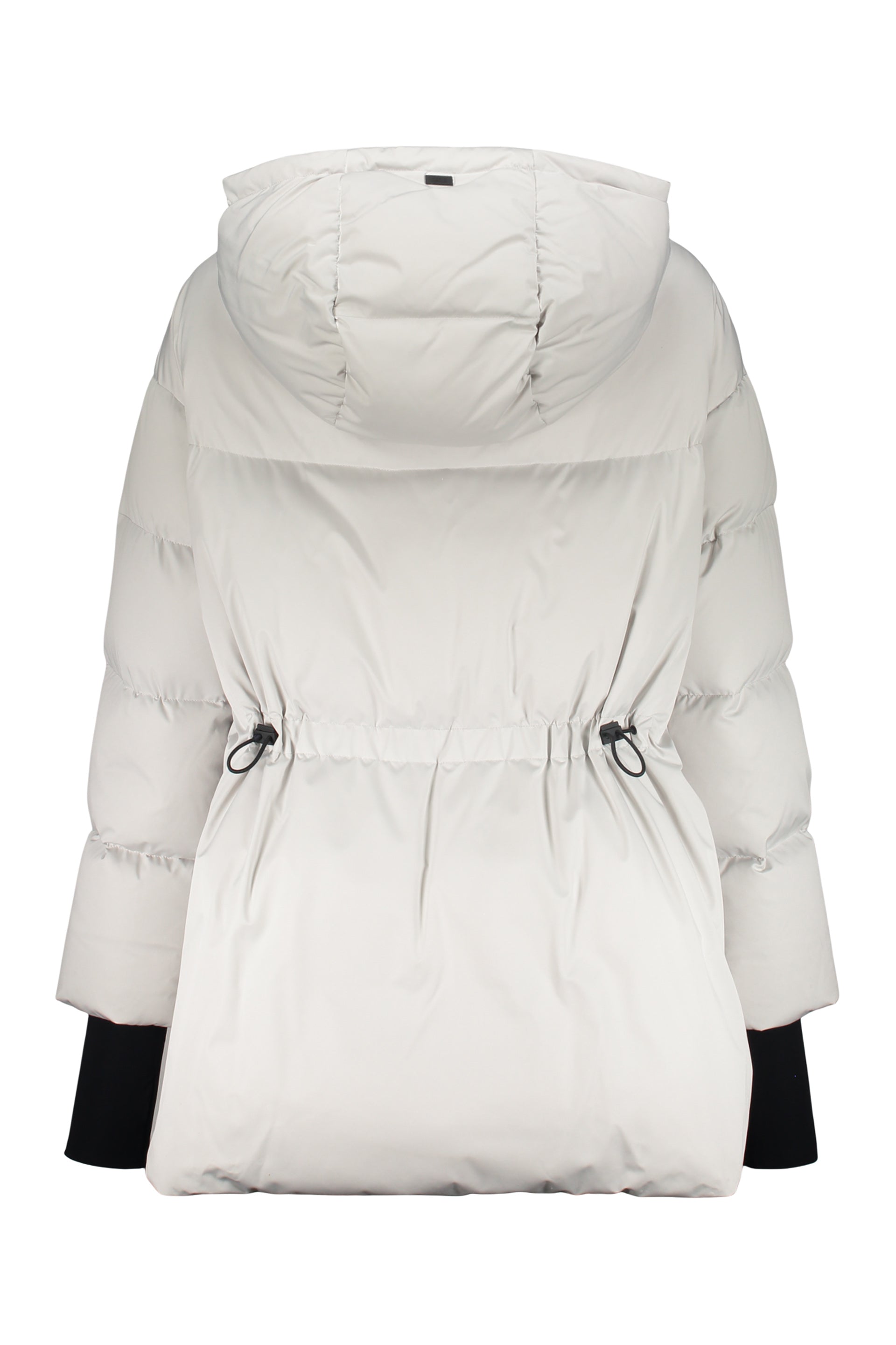 Modern white puffer jacket with hood and zip