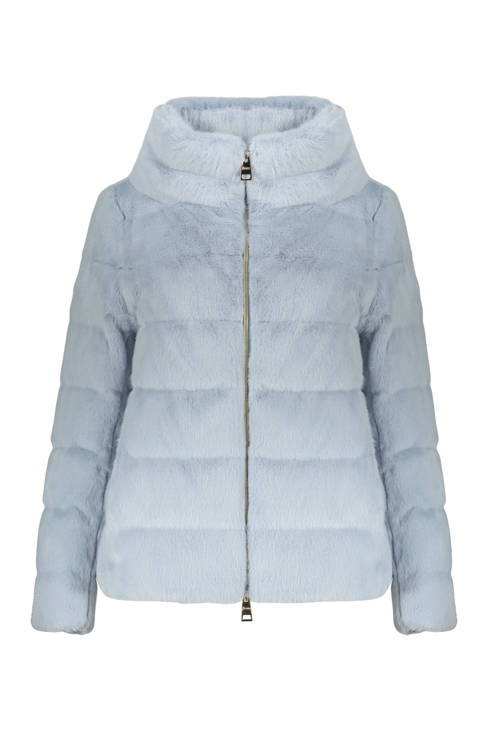 Blue down jacket in elegant faux fur