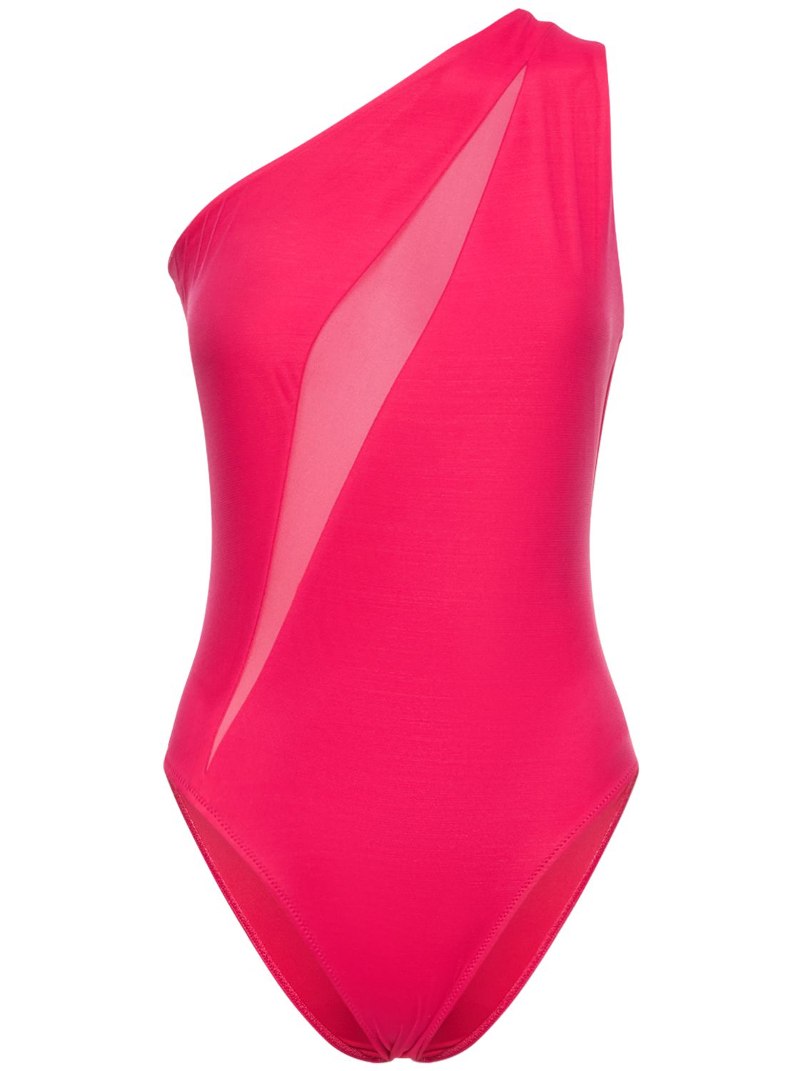 Elegant fuchsia one-piece swimsuit with a bare shoulder