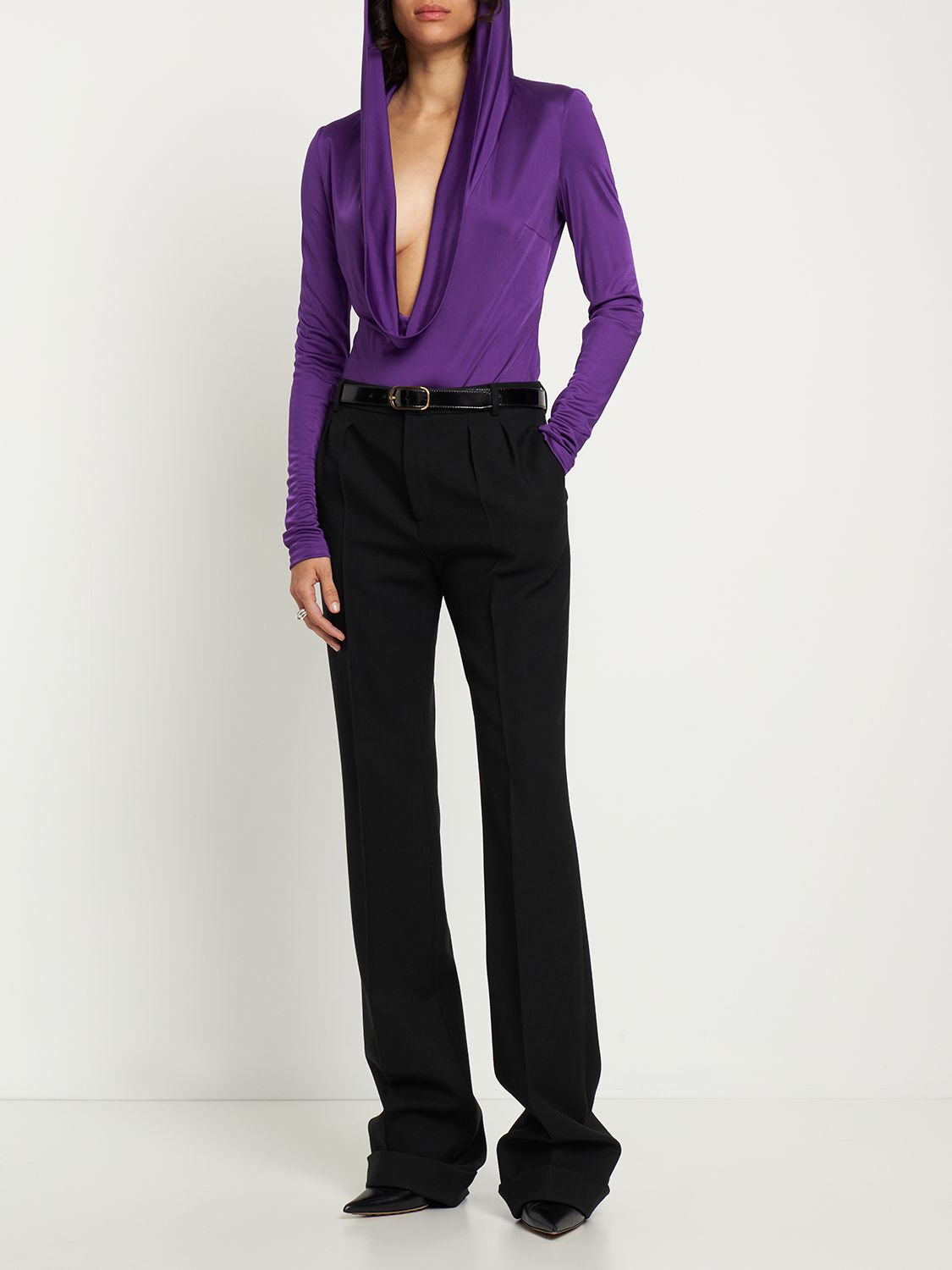Elegant Purple Bodysuit with Deep V-Neck