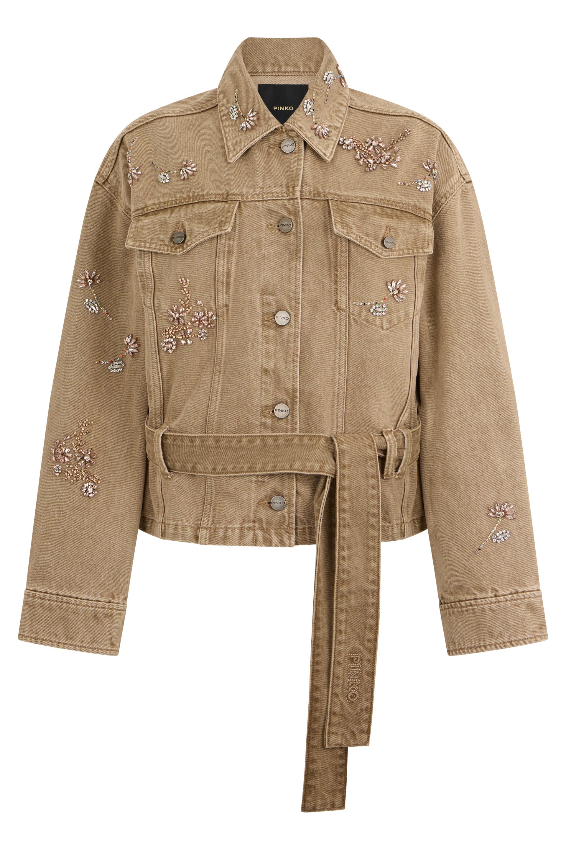 Denim jacket with belt and jewelry embroidery