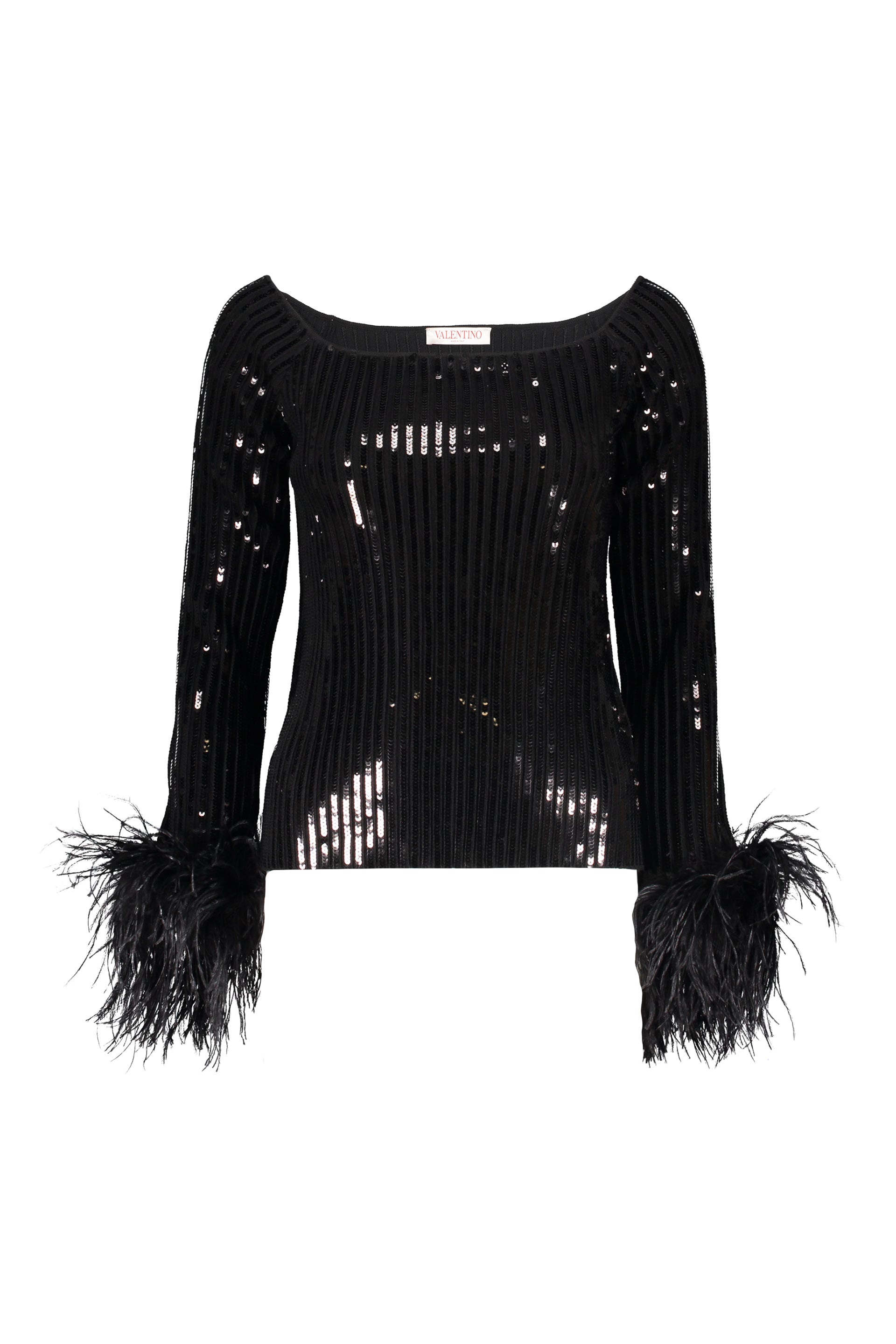 Elegant black top with long sleeves and feathers