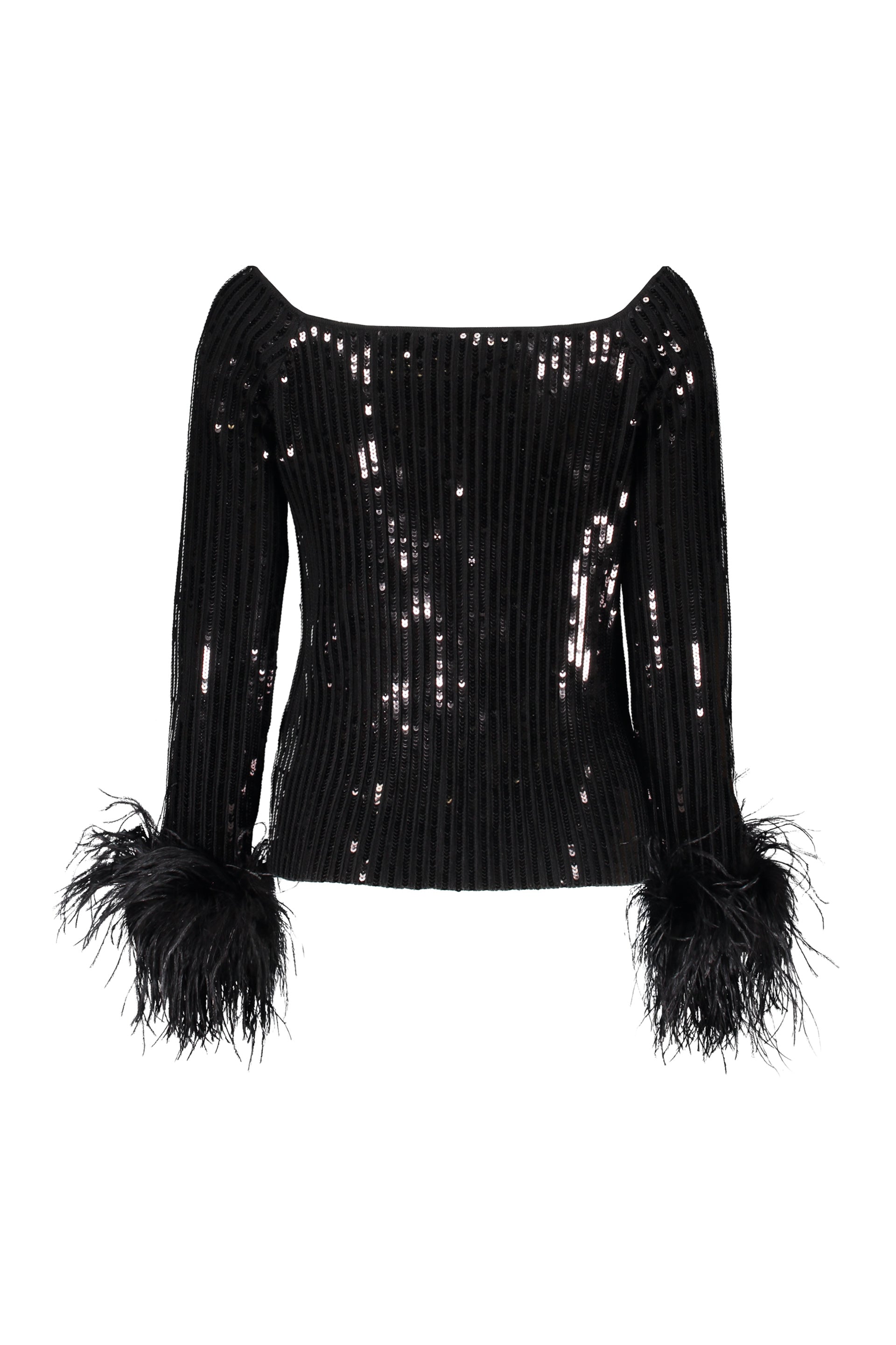 Elegant black top with long sleeves and feathers