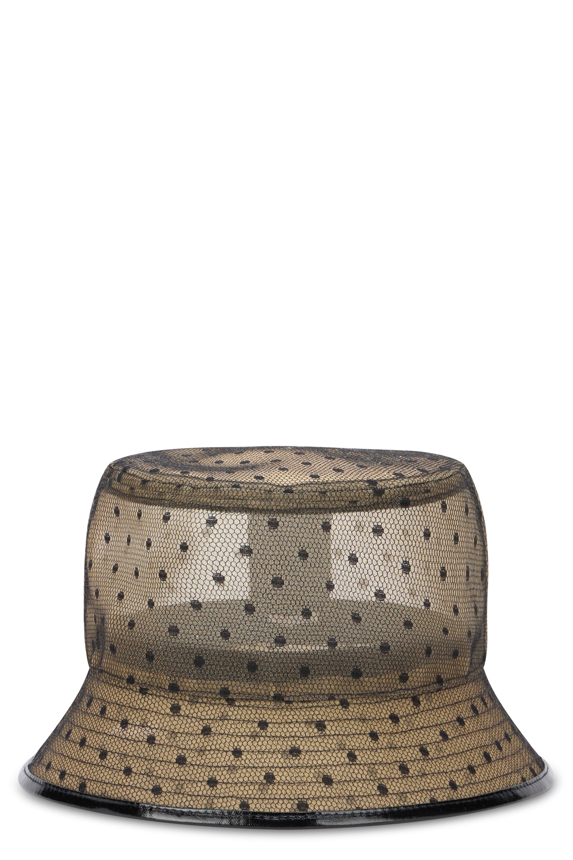 Light bucket hat with a polka dot pattern.