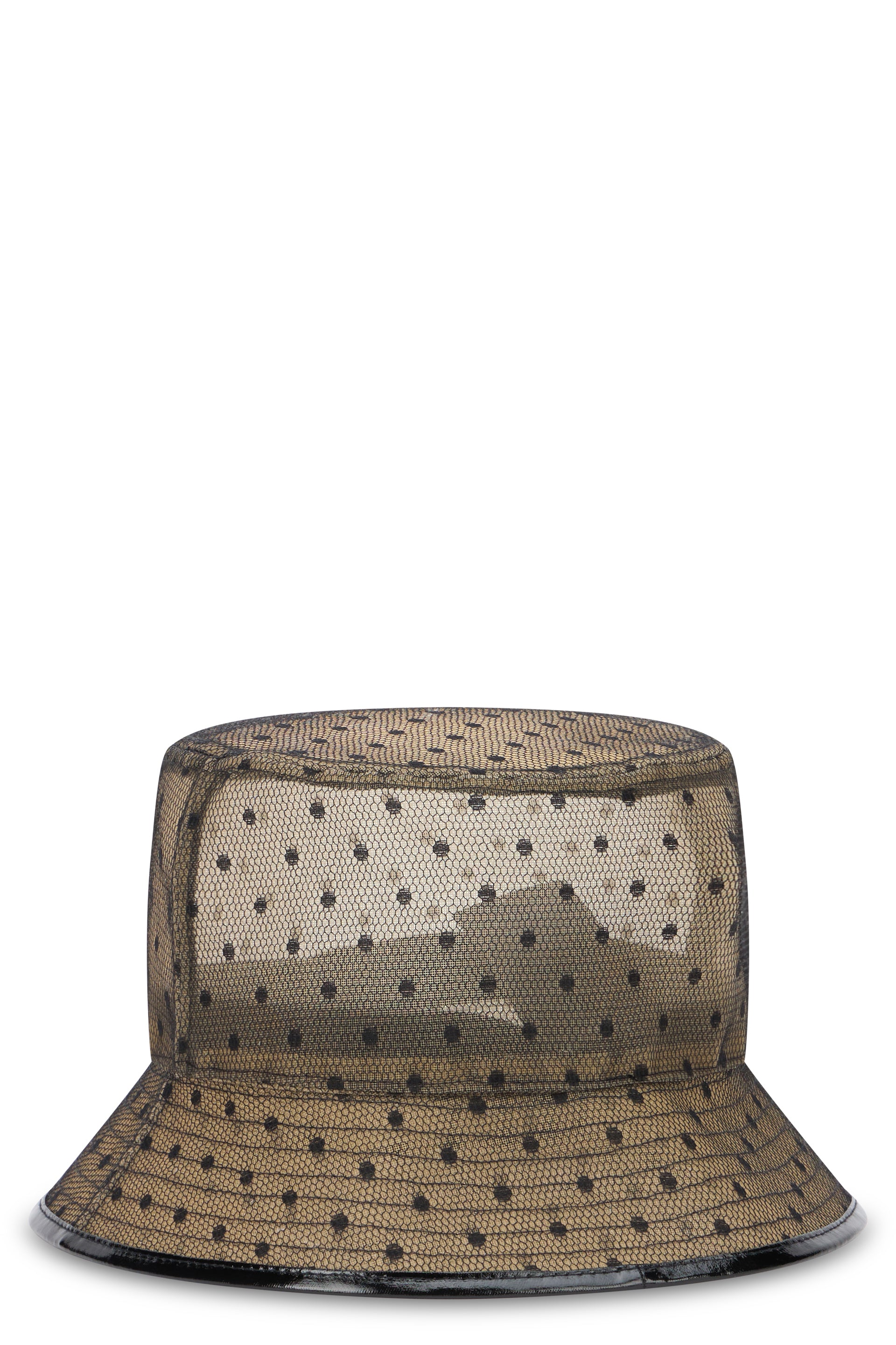 Light bucket hat with a polka dot pattern.