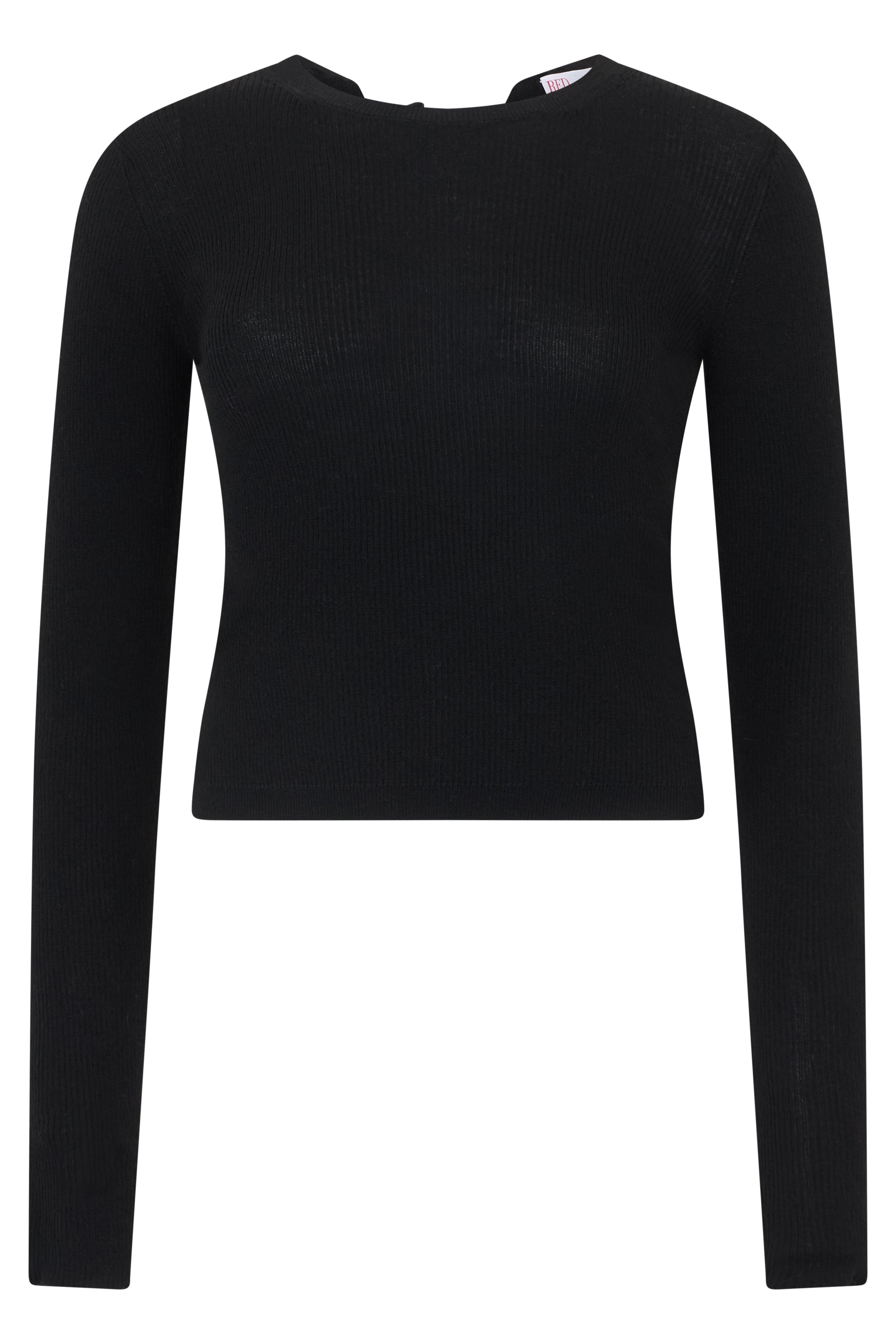Black crop top with long sleeves, versatile for any occasion.