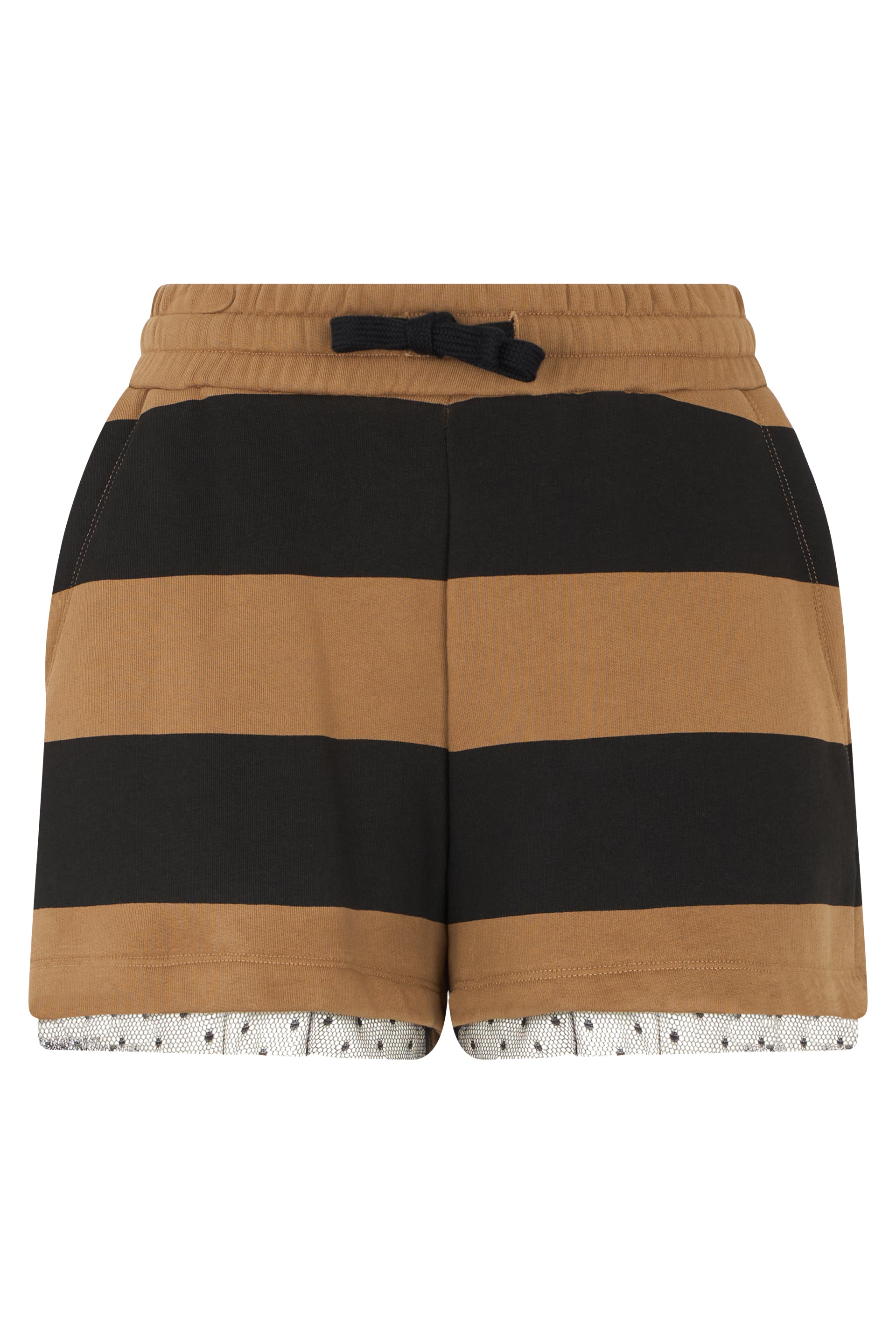 Summer shorts in camel color with black stripes.