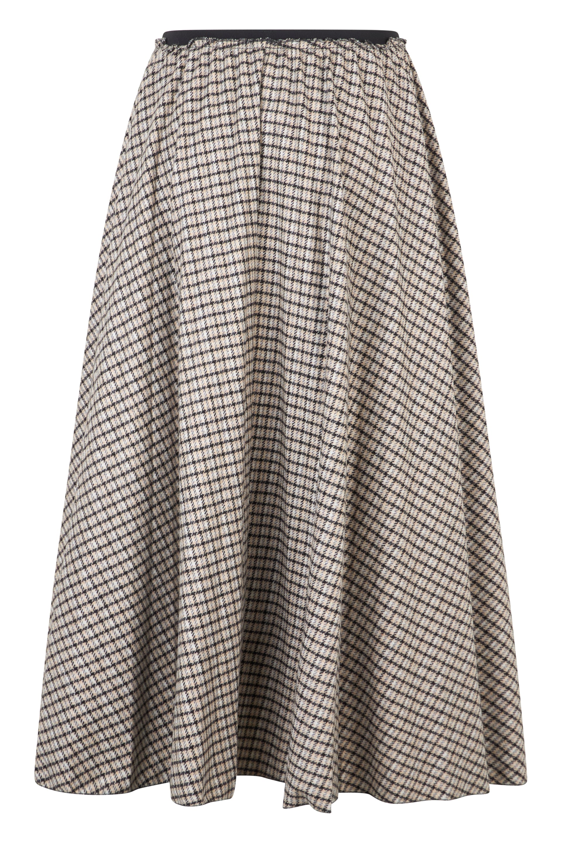 Elegant and fluid beige midi dress with pleats and check pattern.