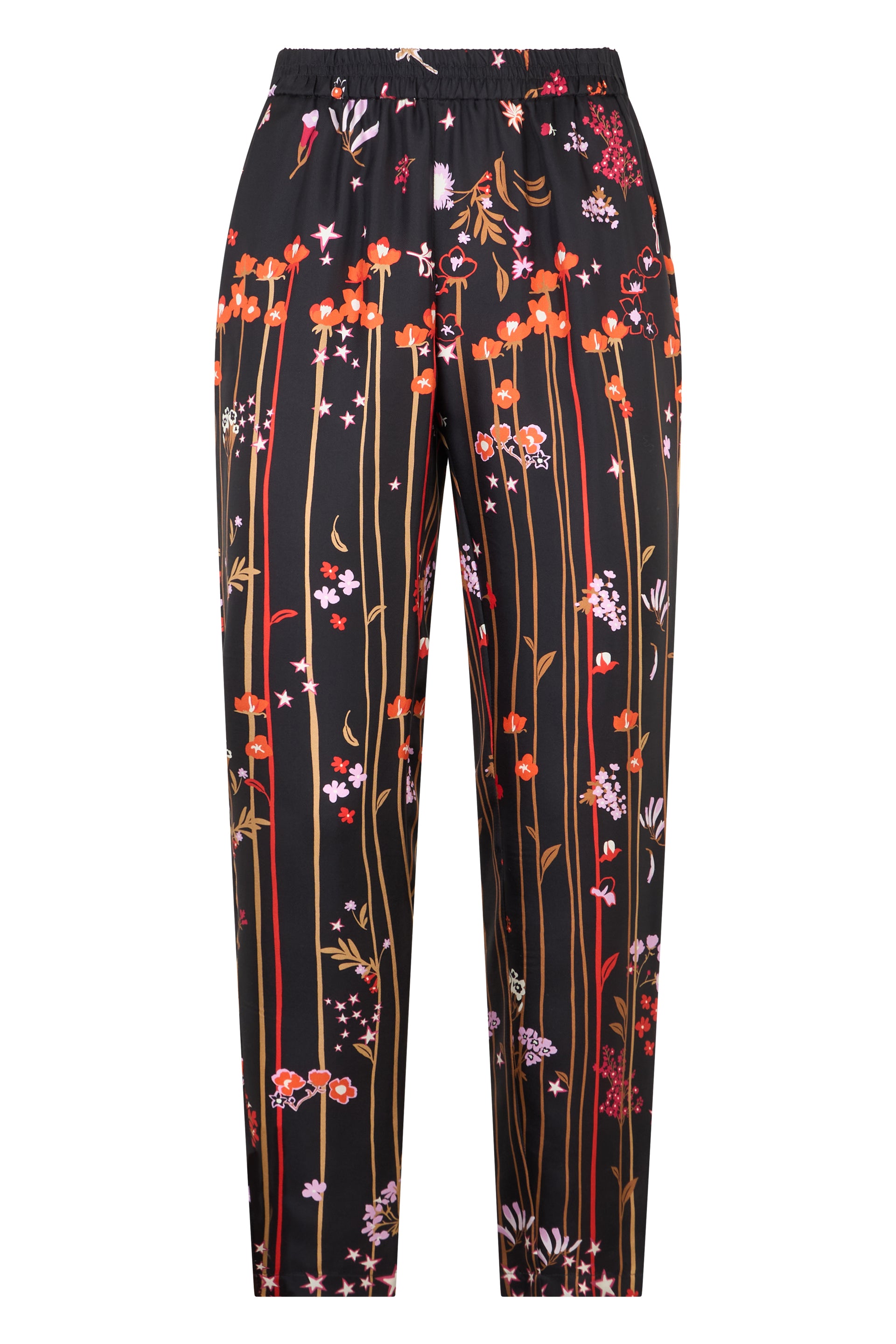 Elegant modern black pants with a floral pattern.