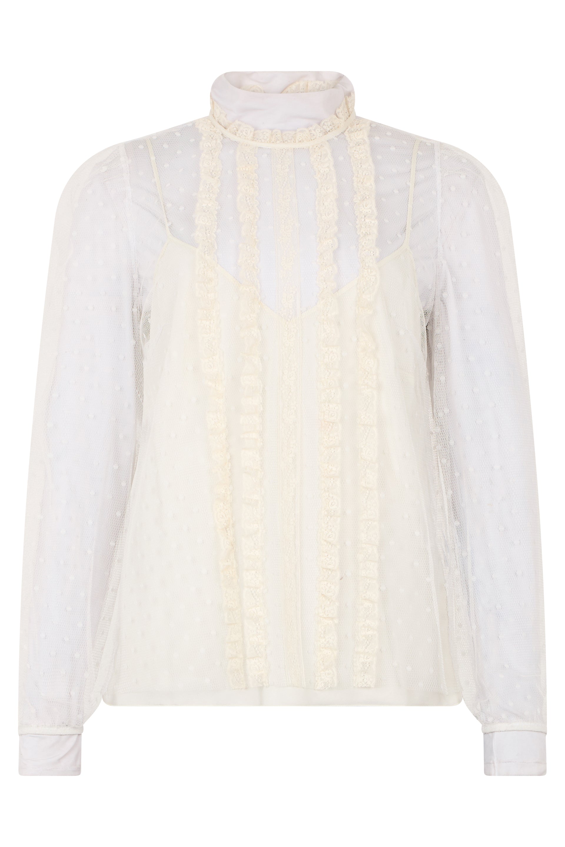 White cream colored blouse with long sleeves and an elegant and sophisticated design.