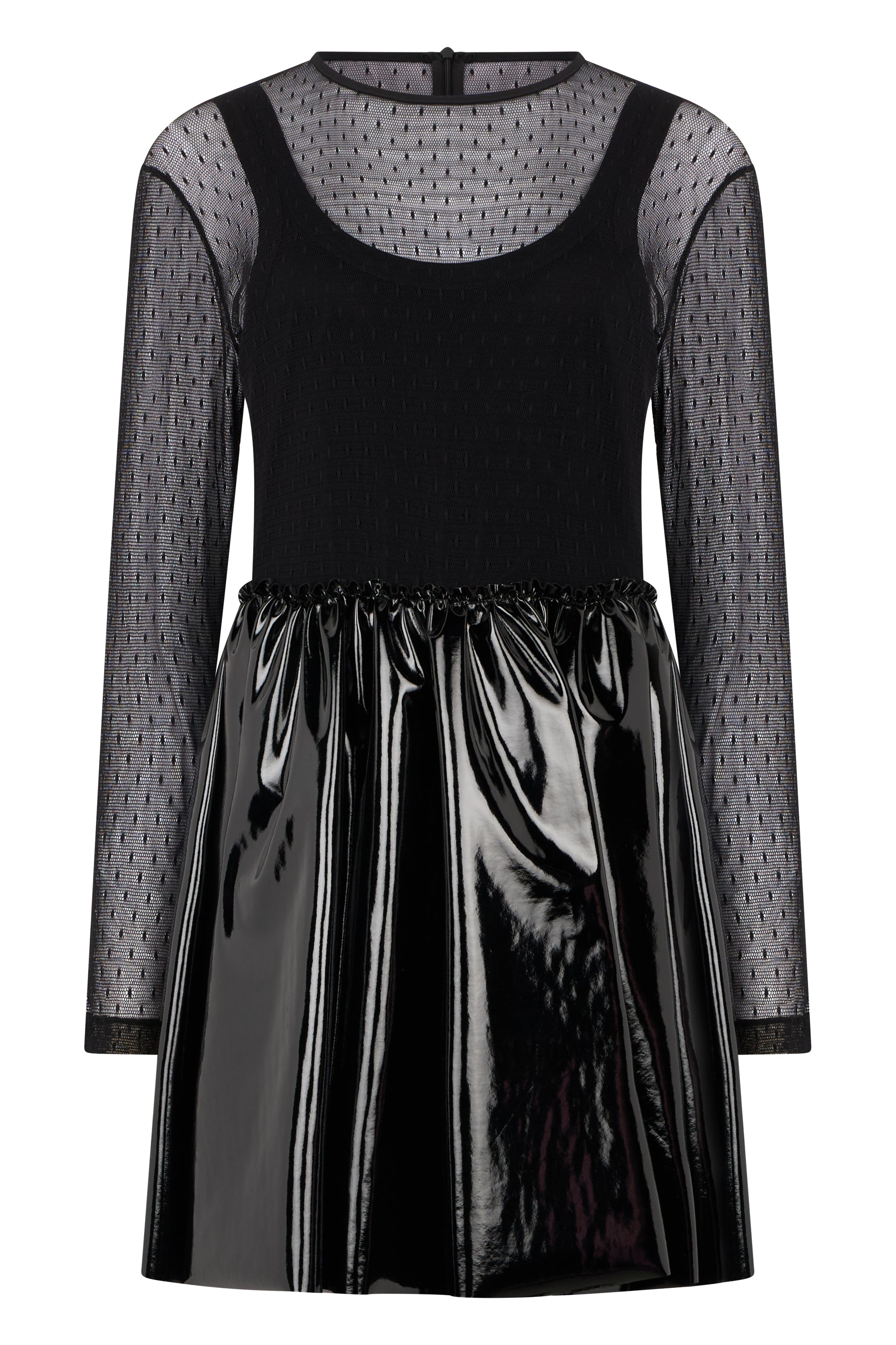 Elegant black dress with long transparent sleeves and shiny skirt.