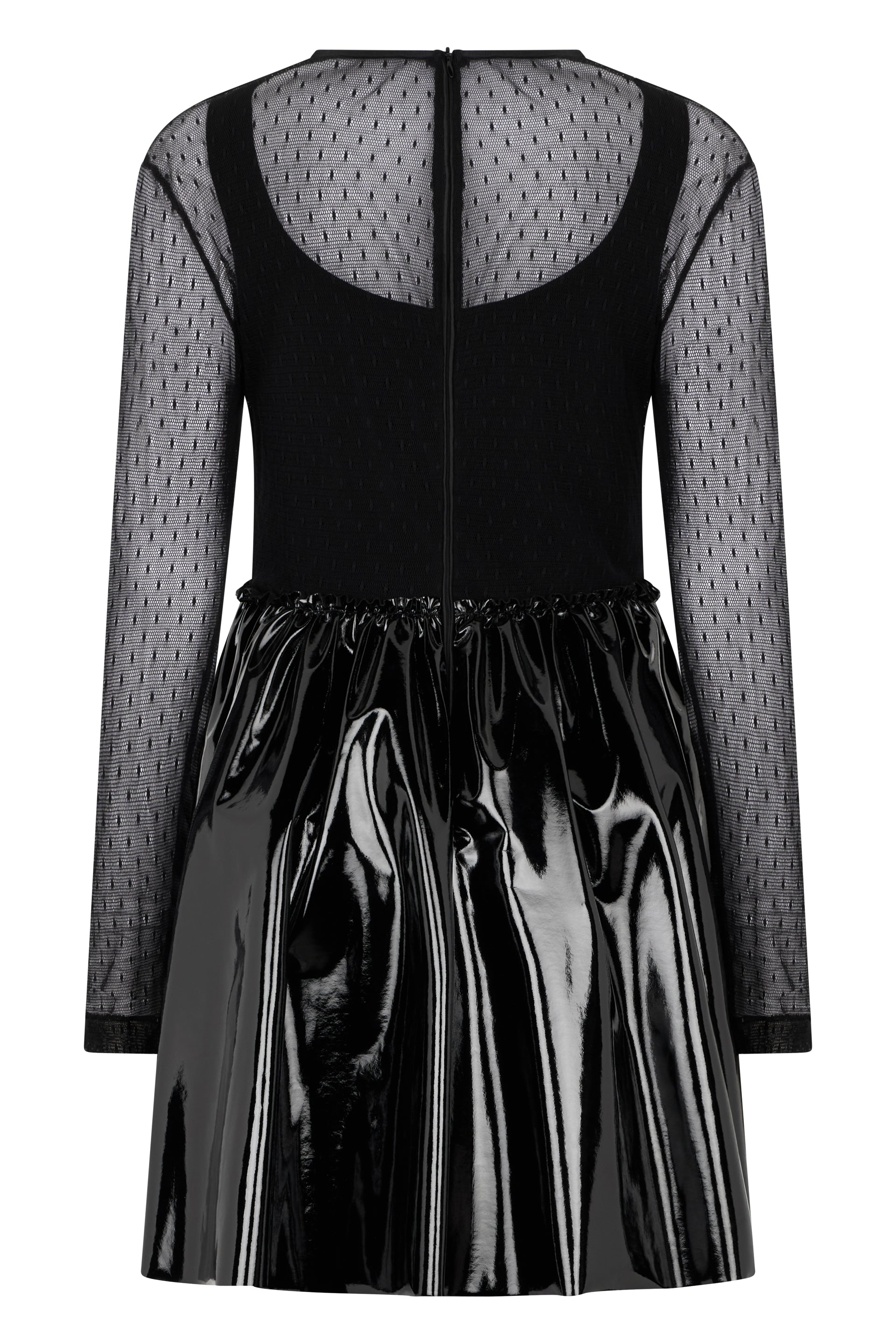 Elegant black dress with long transparent sleeves and shiny skirt.