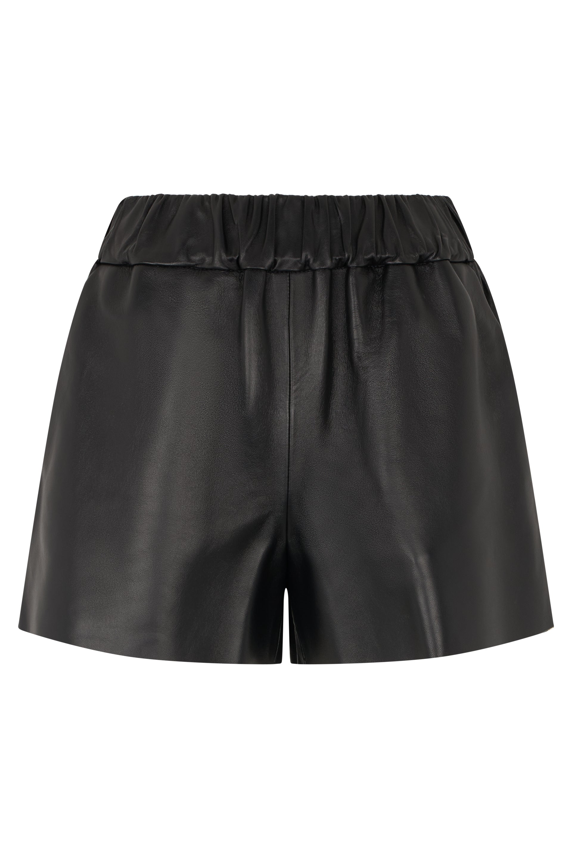 Black leather shorts, modern and bold style.