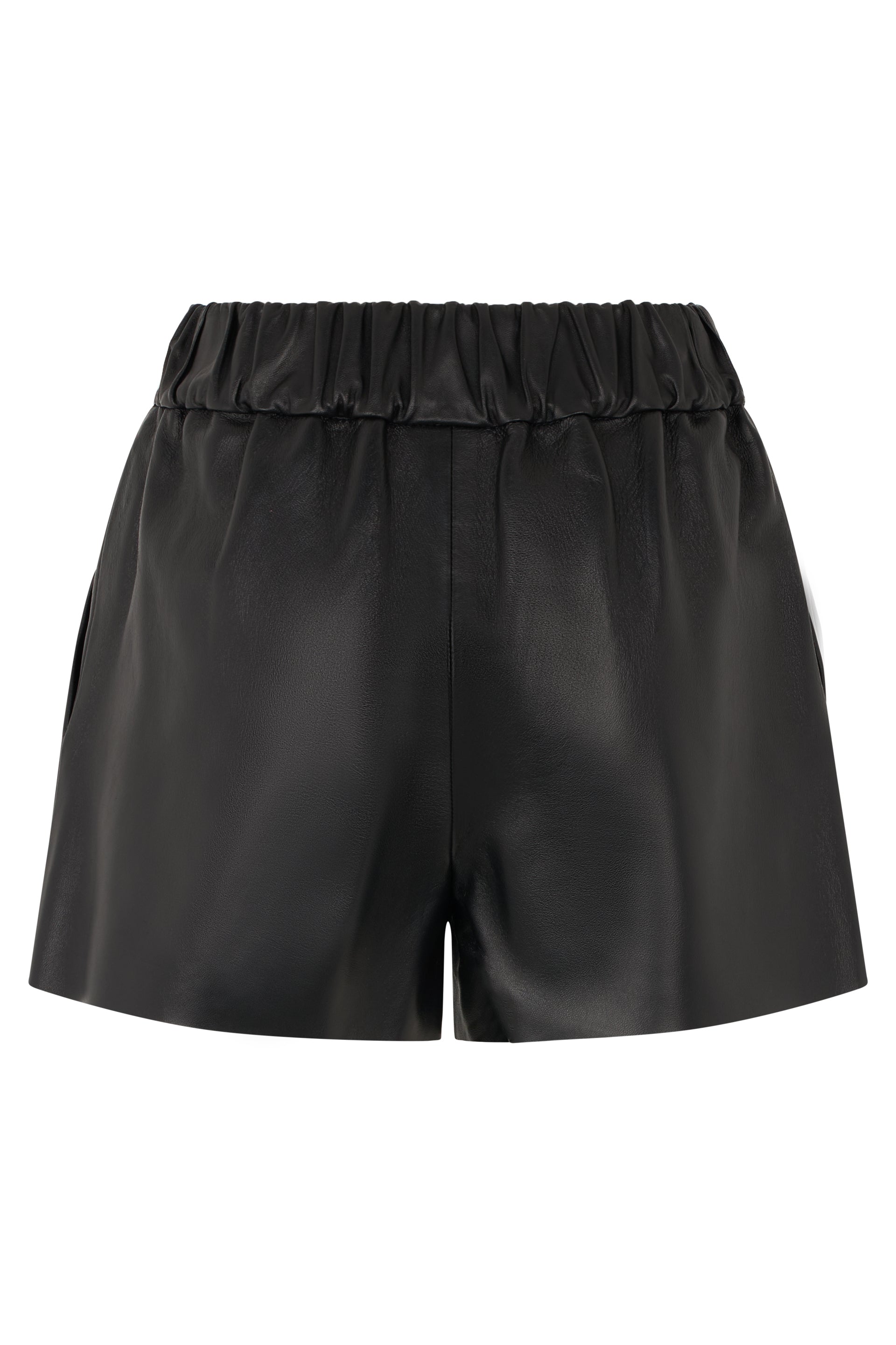 Black leather shorts, modern and bold style.