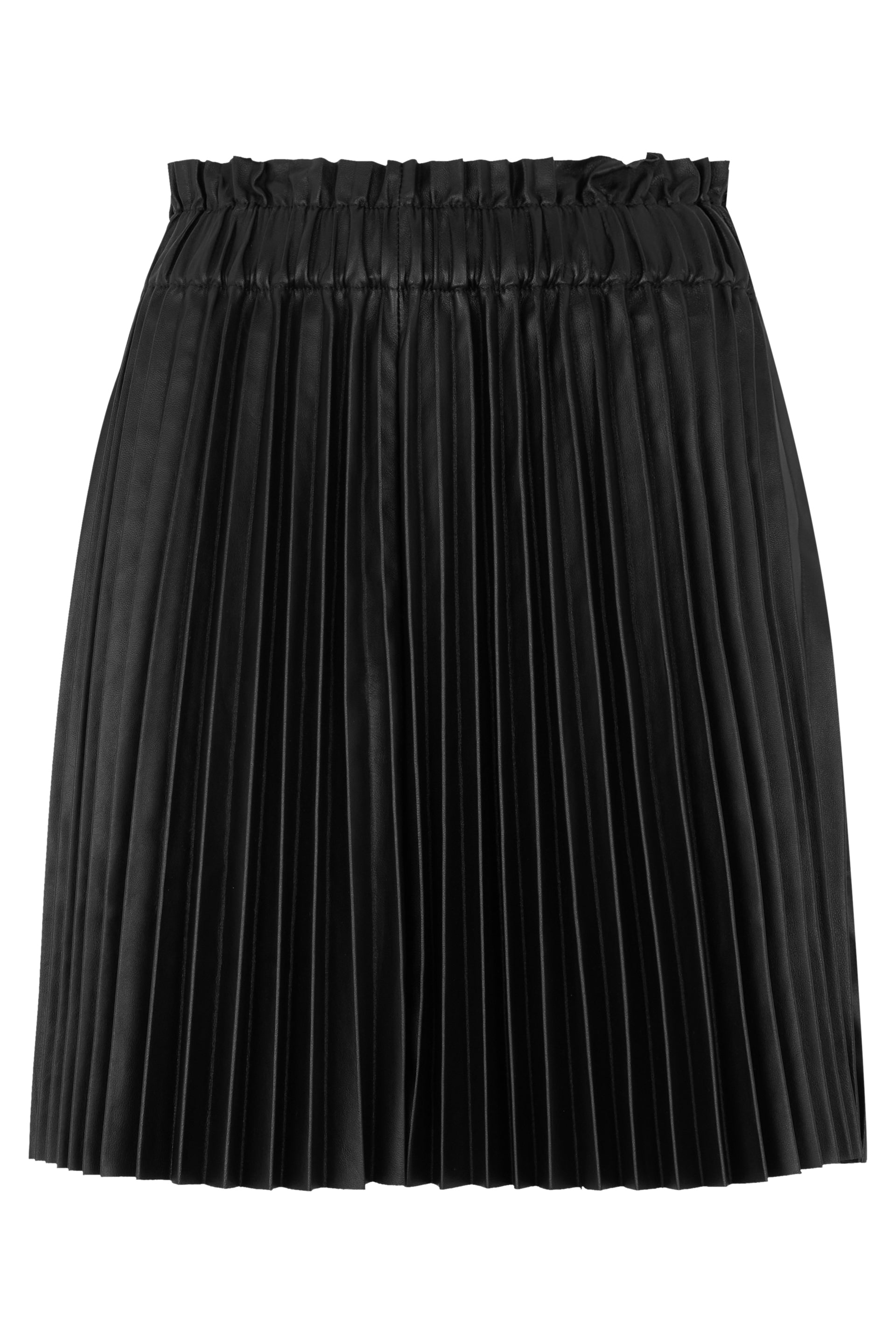 Black pleated leather skirt with an elegant elastic waistband.