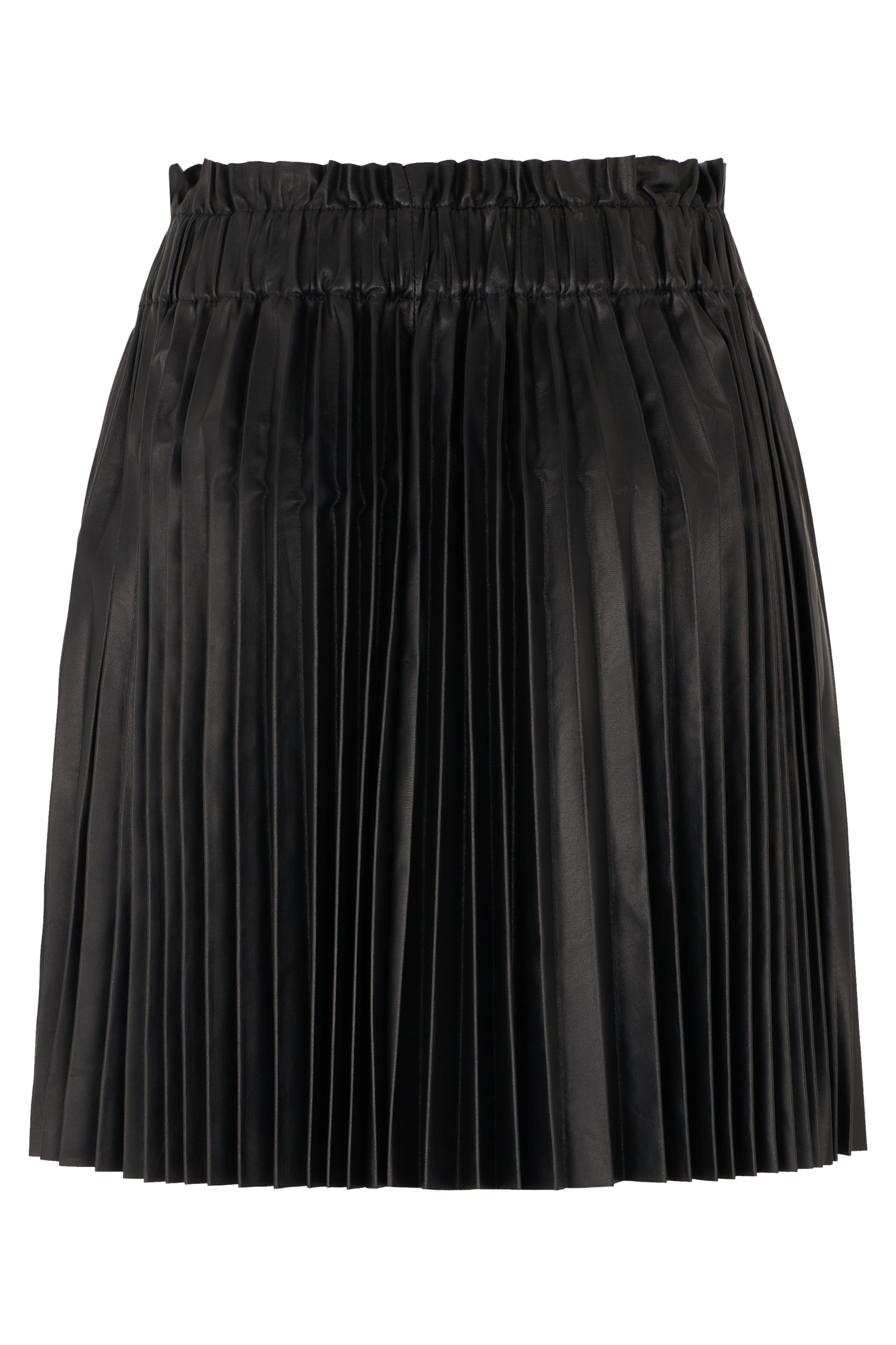 Black pleated leather skirt with an elegant elastic waistband.