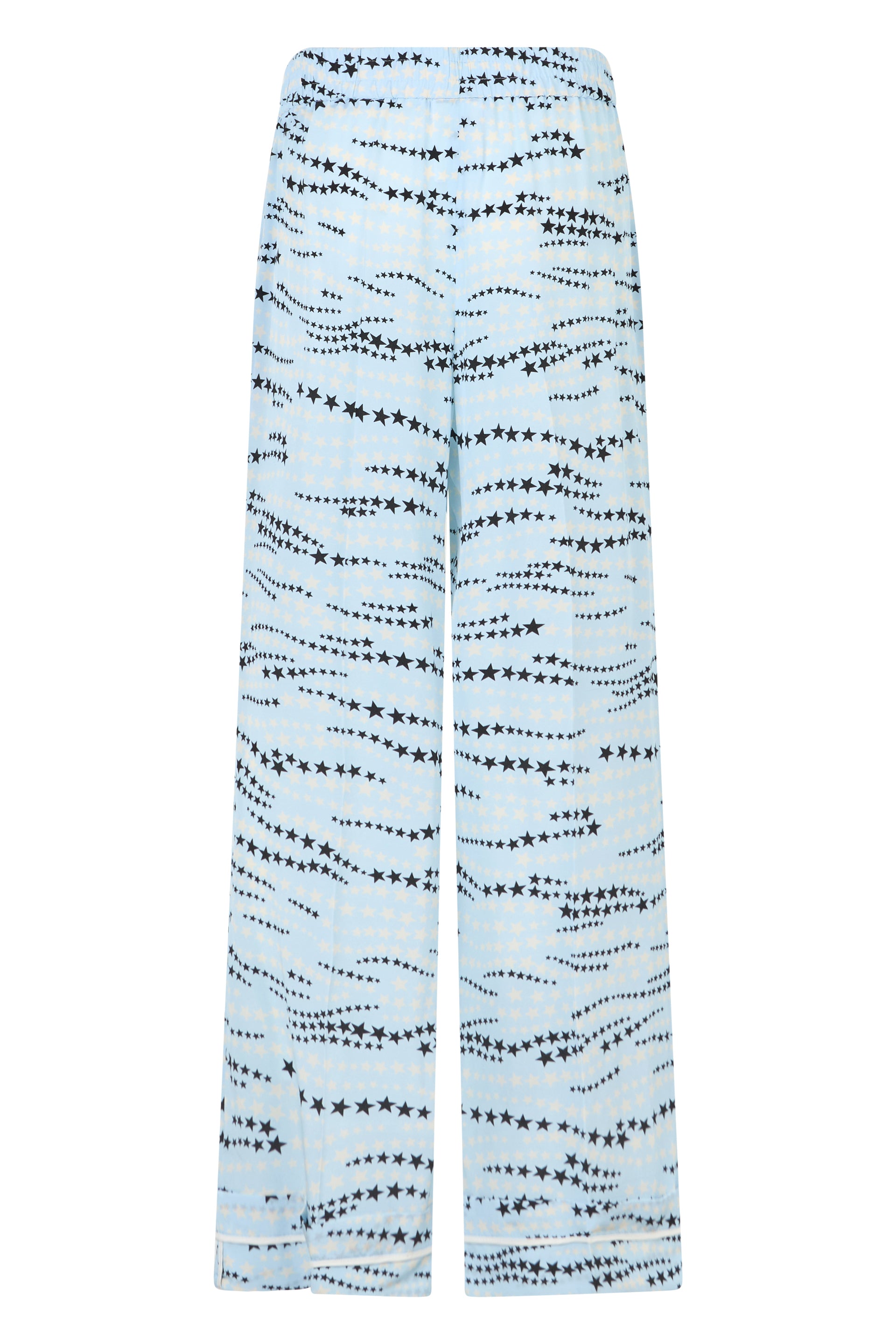 Blue pants with prints characterized by a straight and wide cut.