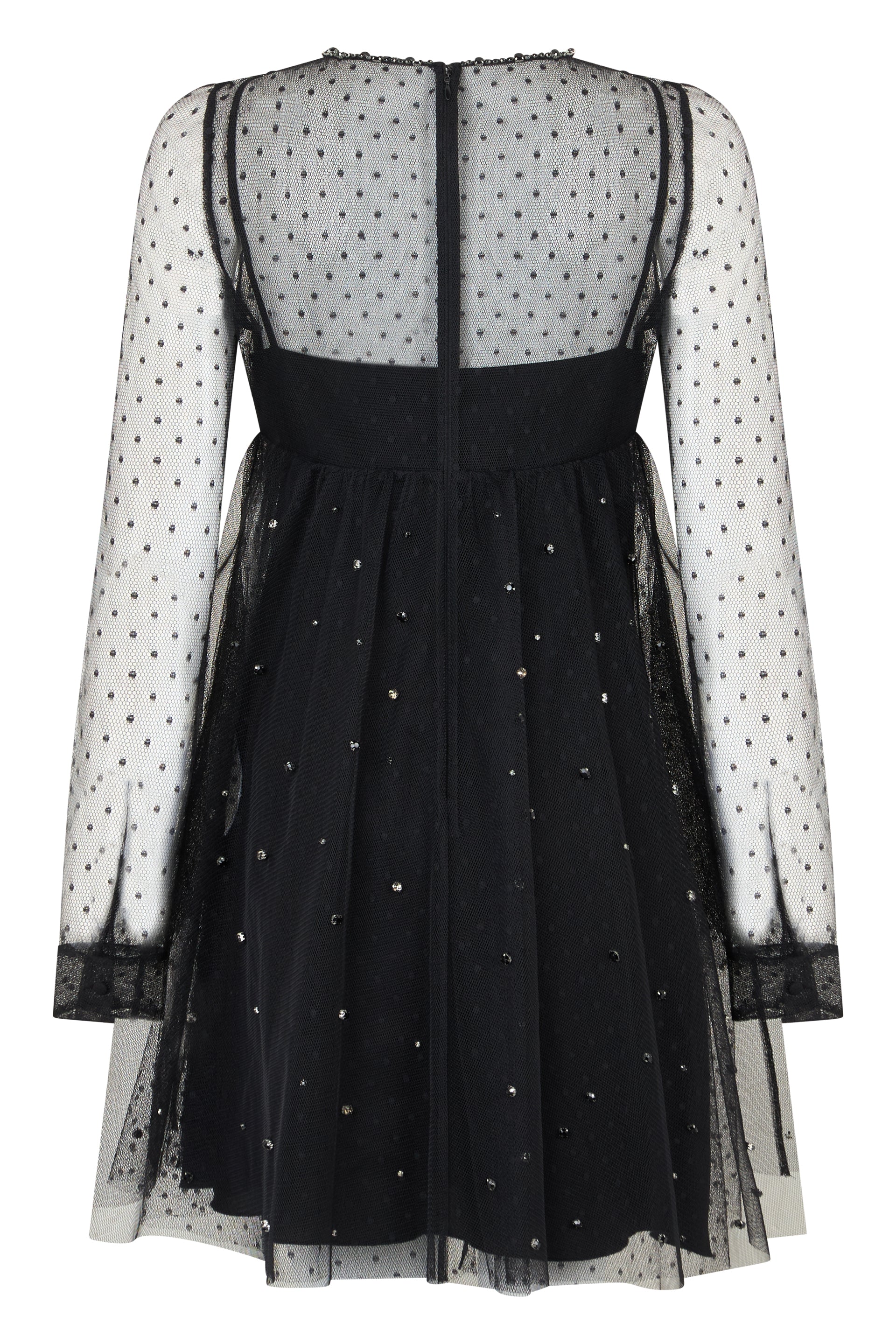 Elegant short black dress with sophisticated transparent details.