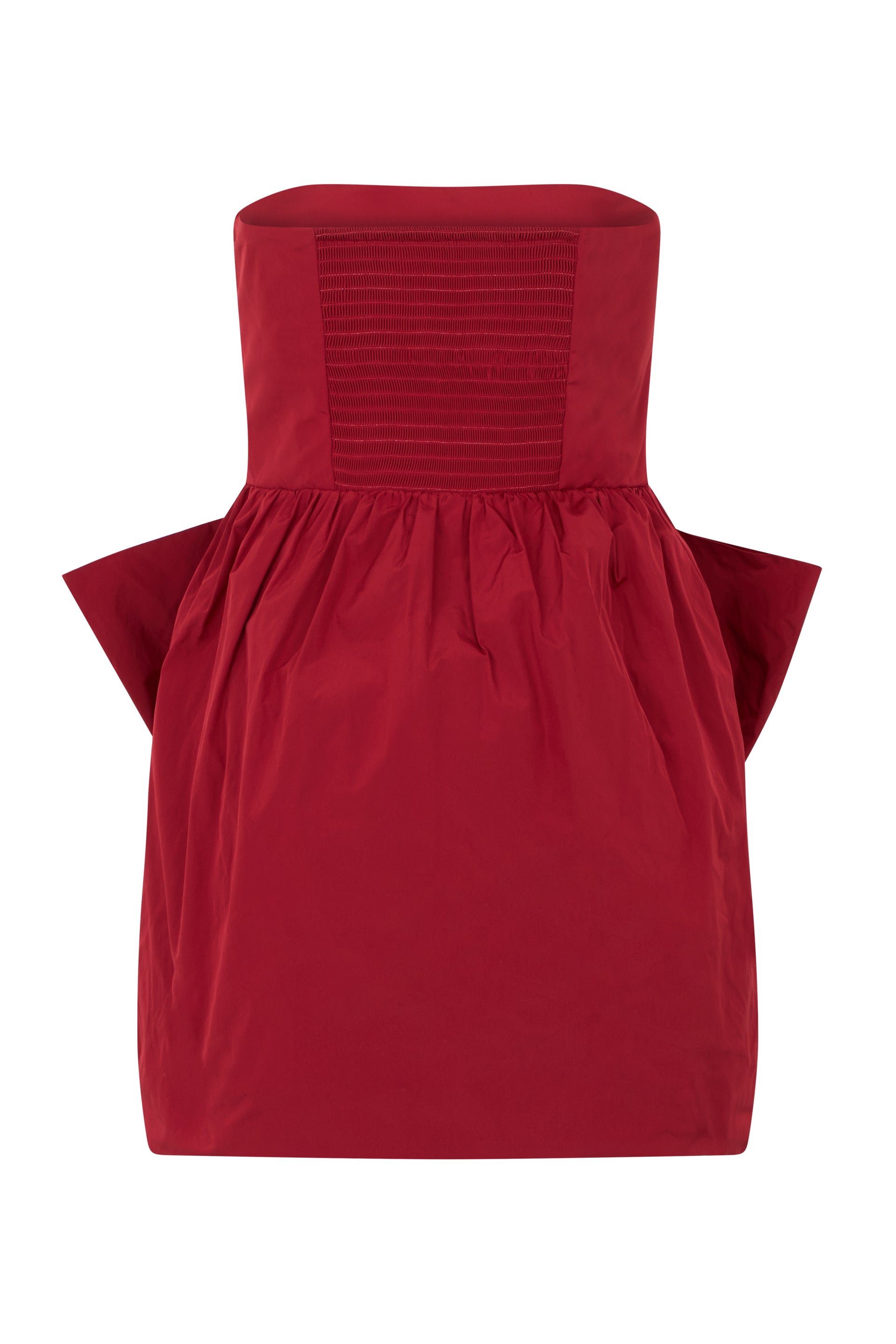 Dark red mini dress without straps, elegant and chic.