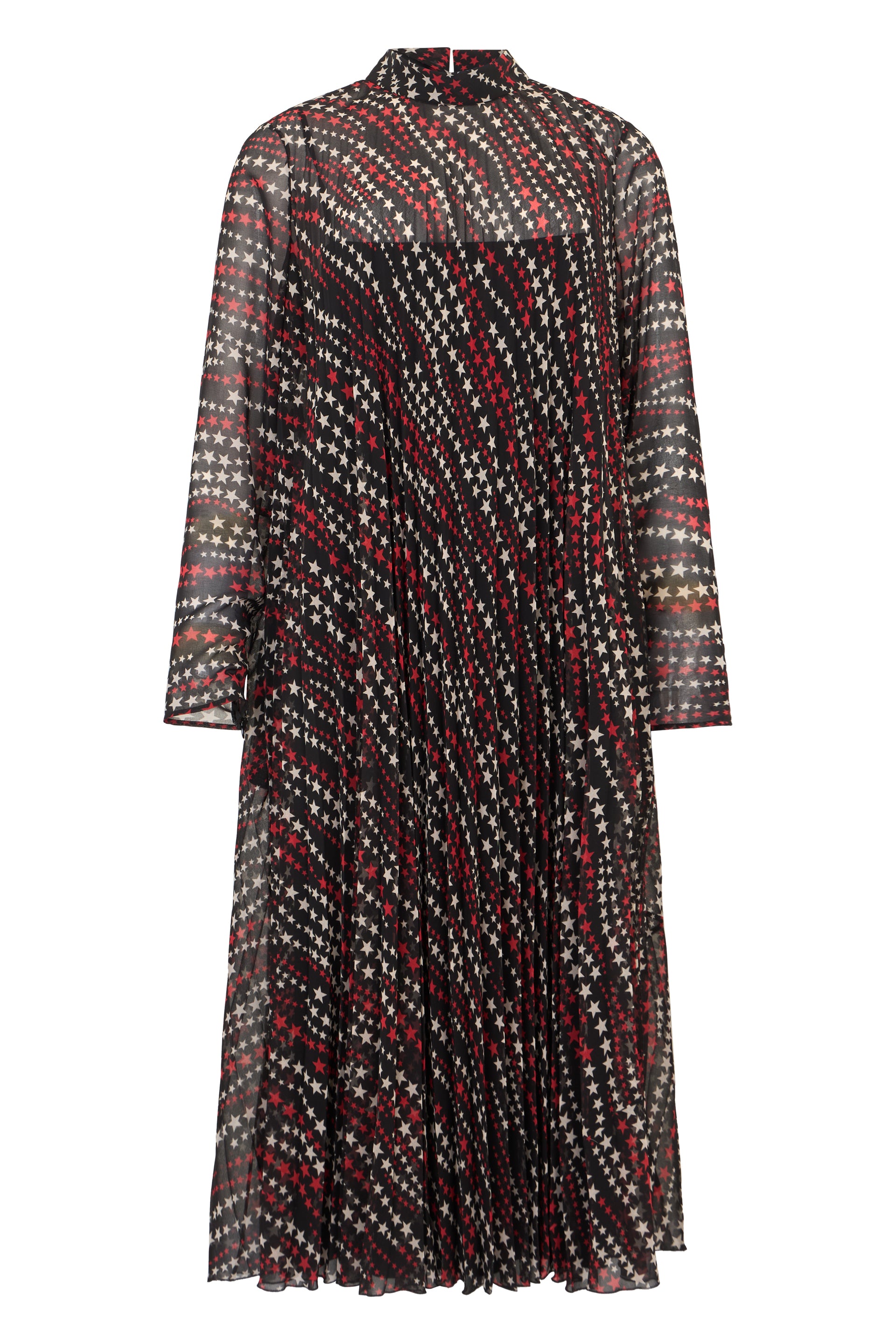 Long black elegant dress with long sleeves and colorful print.