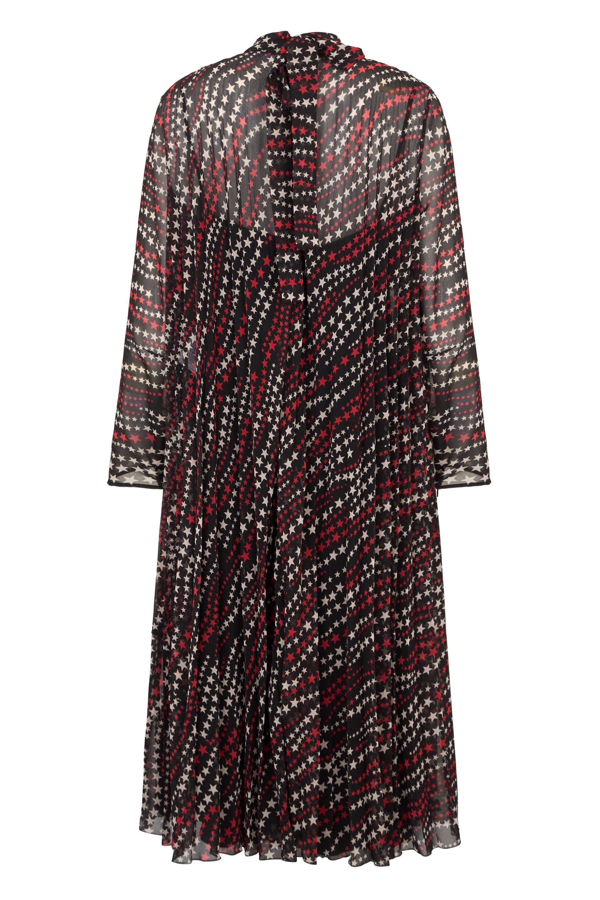 Long black elegant dress with long sleeves and colorful print.