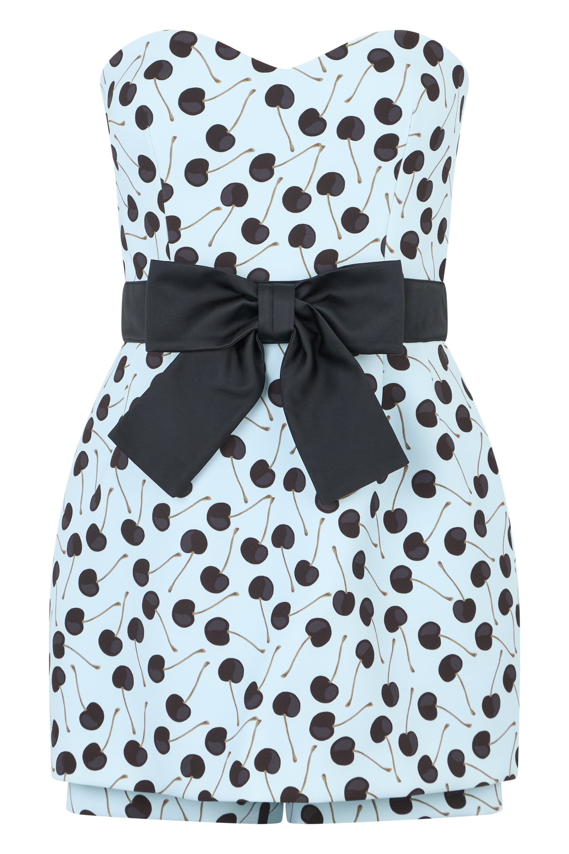 Dress with shorts under the skirt in an elegant shade of blue with cherry print.