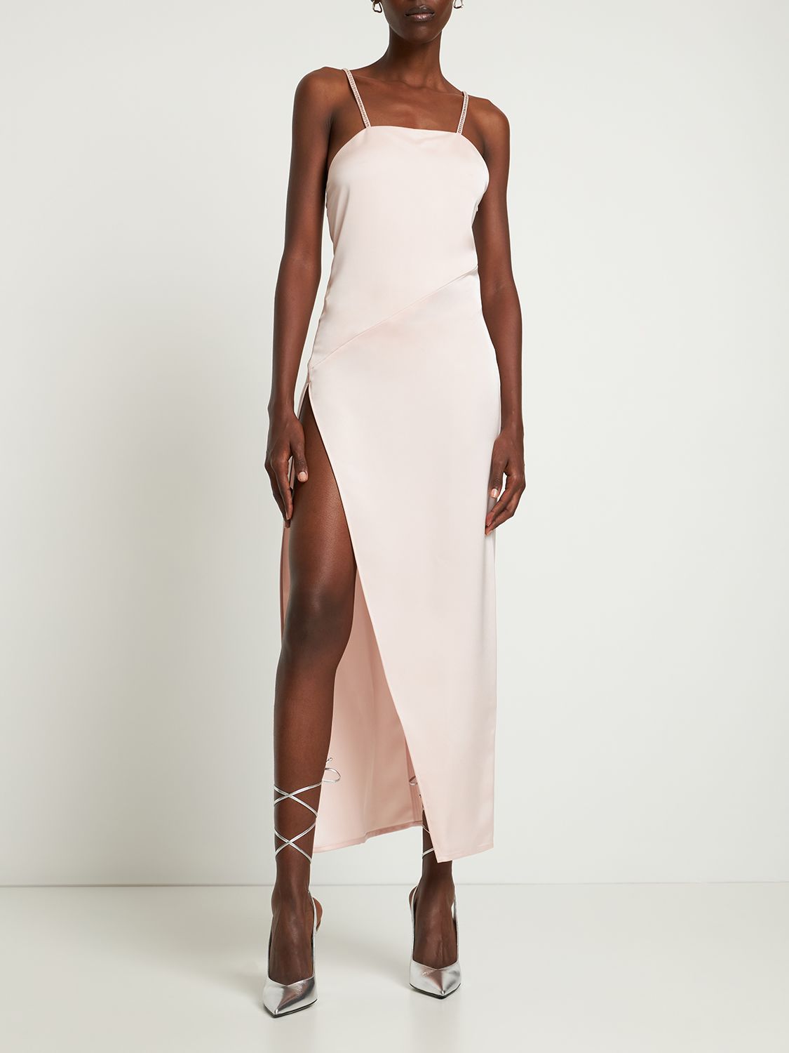 Long pink elegant dress with asymmetric hem