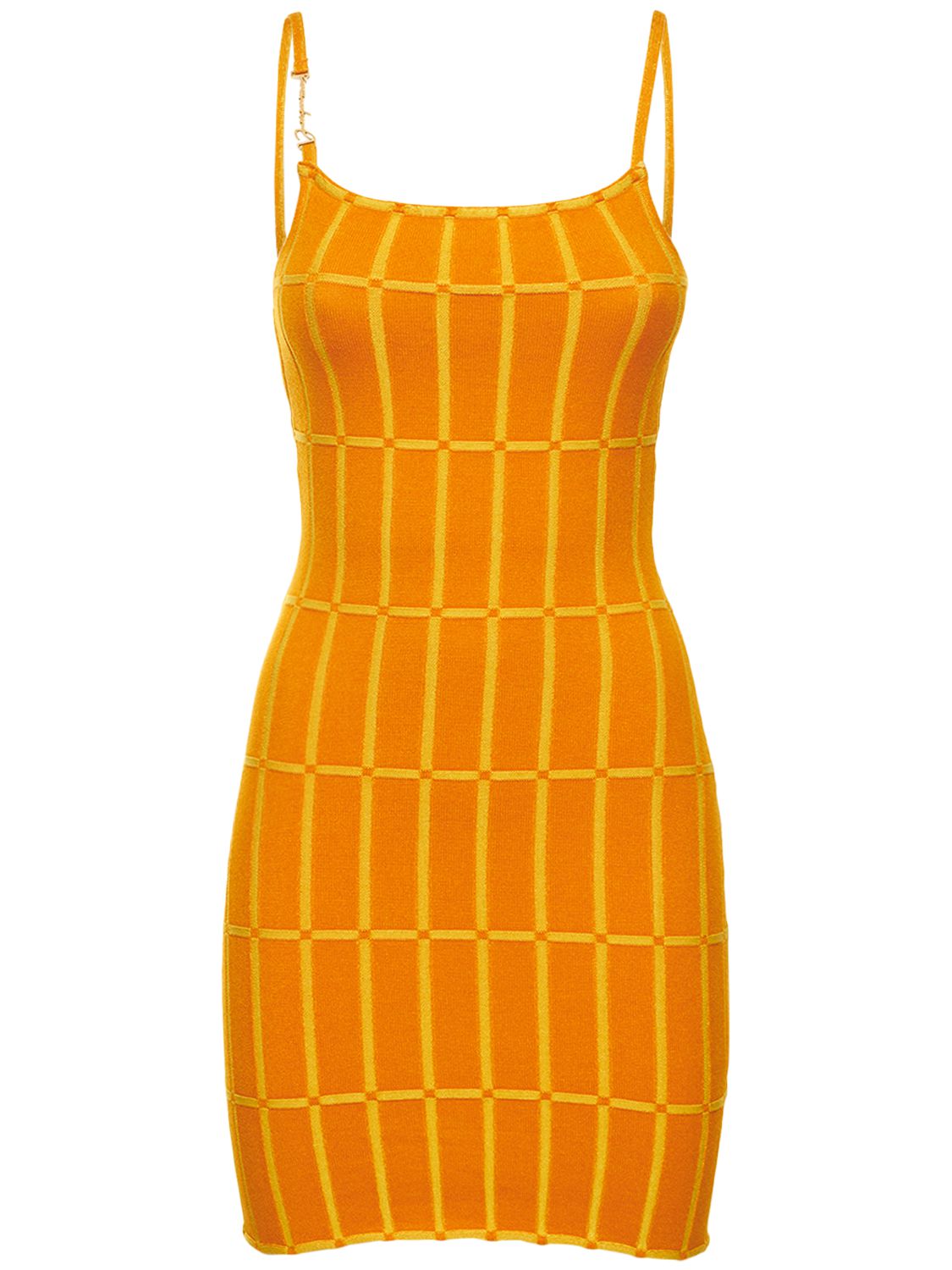 Fitted orange dress with vertical pattern