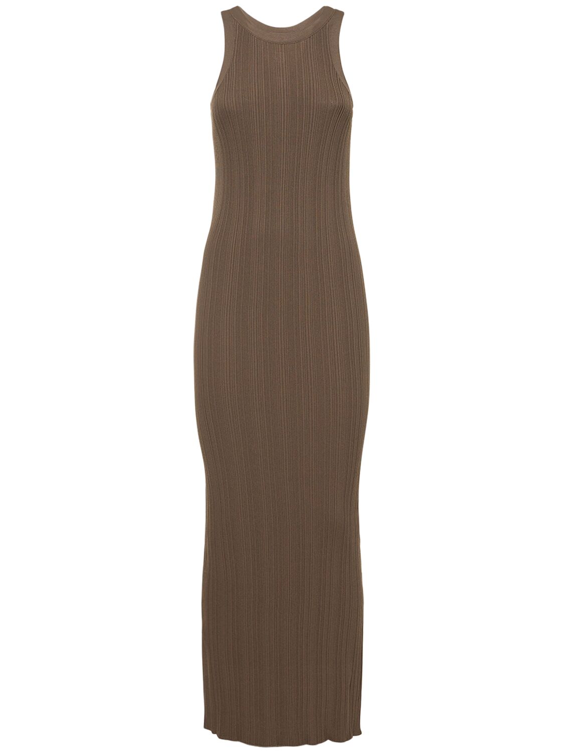 Elegant long brown dress with refined neckline