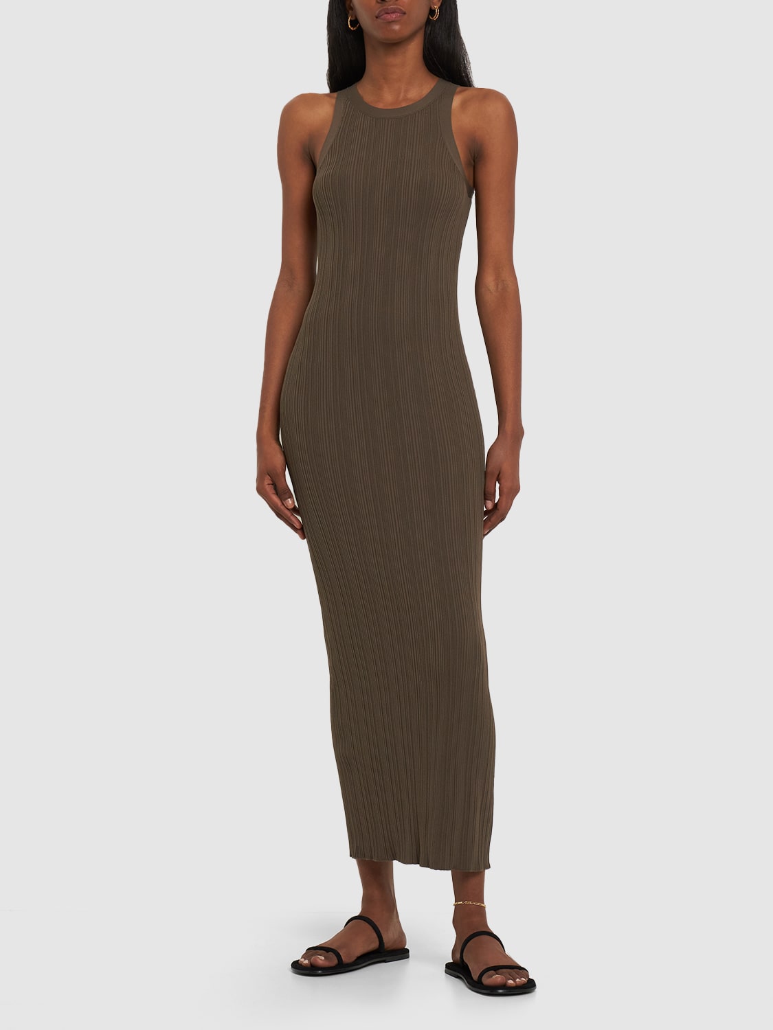 Elegant long brown dress with refined neckline