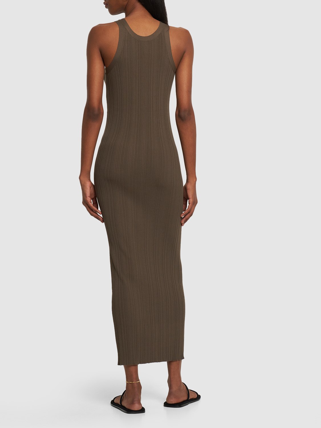 Elegant long brown dress with refined neckline