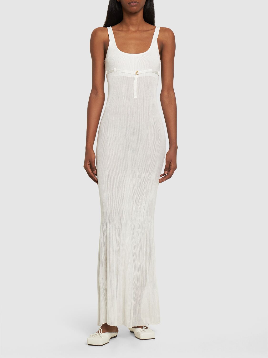 Long white dress with elegant neckline