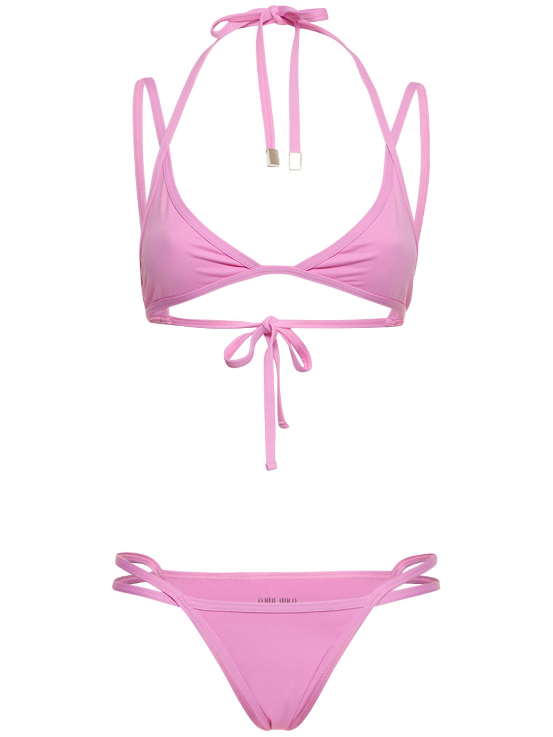 Pink two-piece swimsuit with adjustable thong.