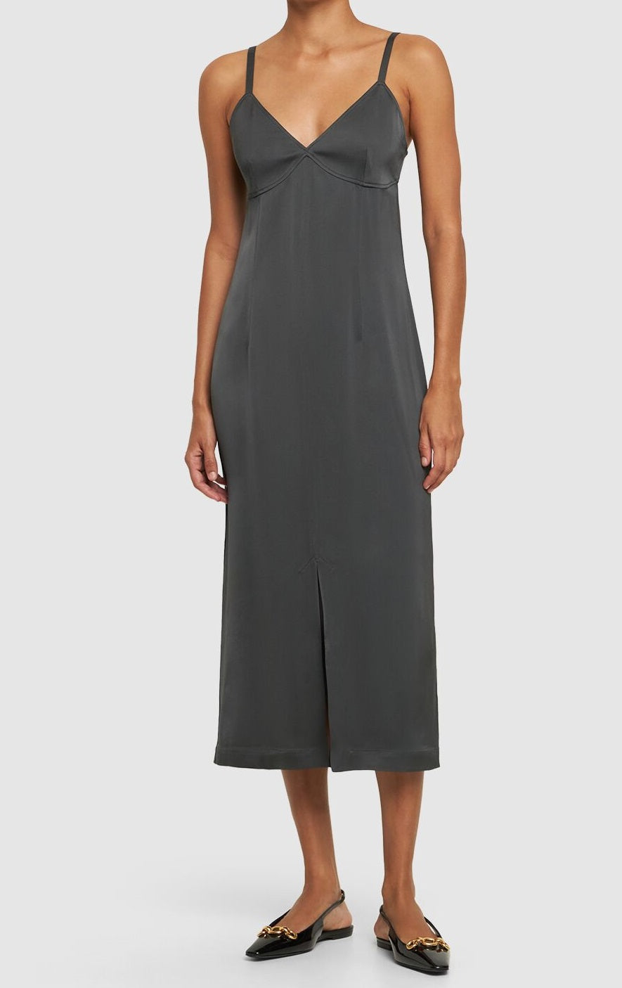 Long dark brown dress with elegant neckline