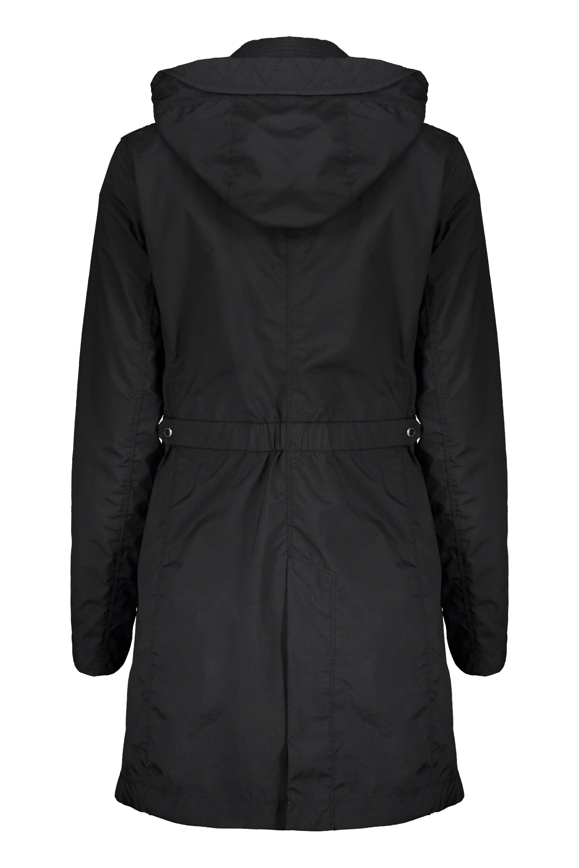 Black versatile trench coat with adjustable hood