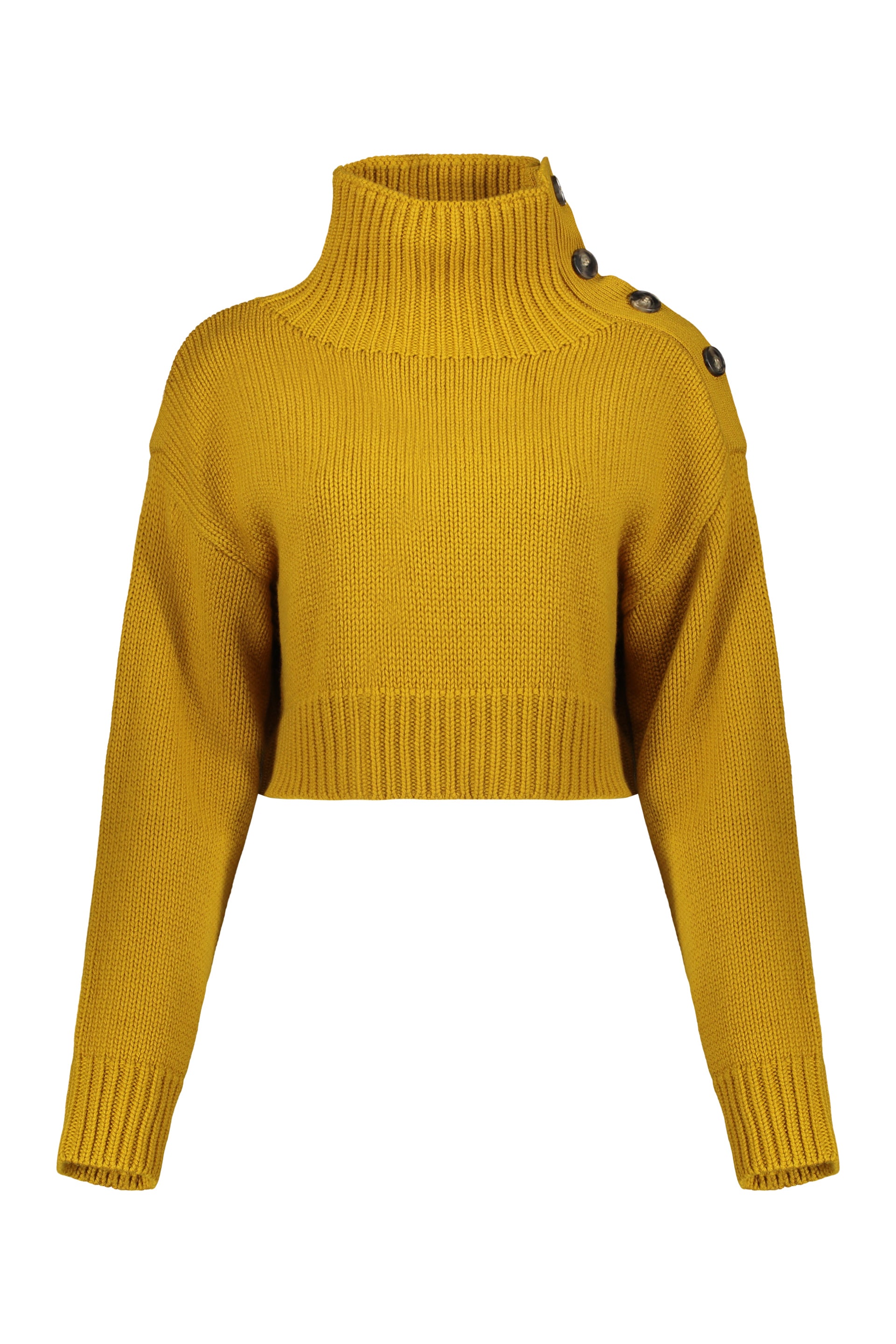 Mustard yellow cropped sweater with high collar
