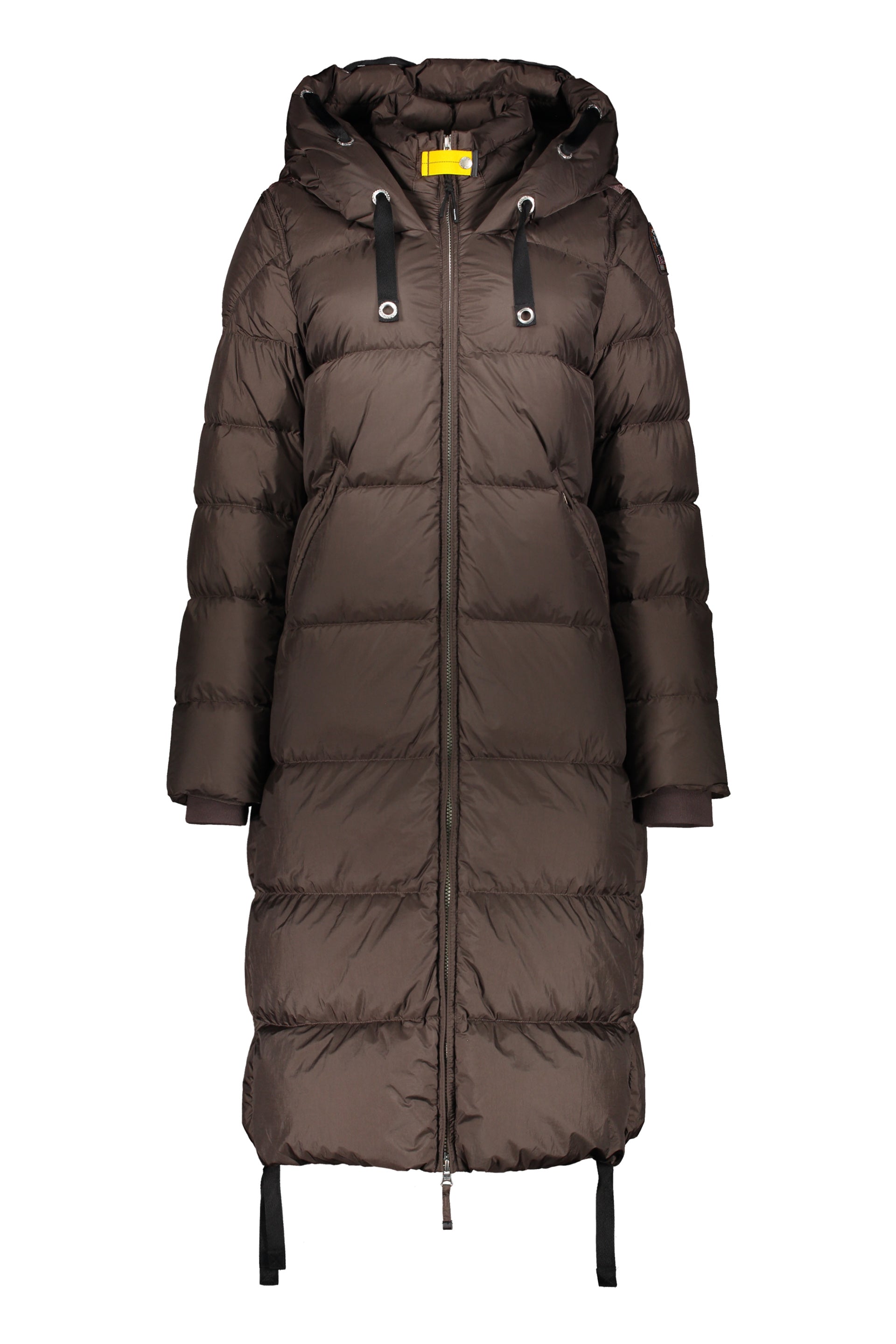 Dark brown long down jacket with adjustable hood