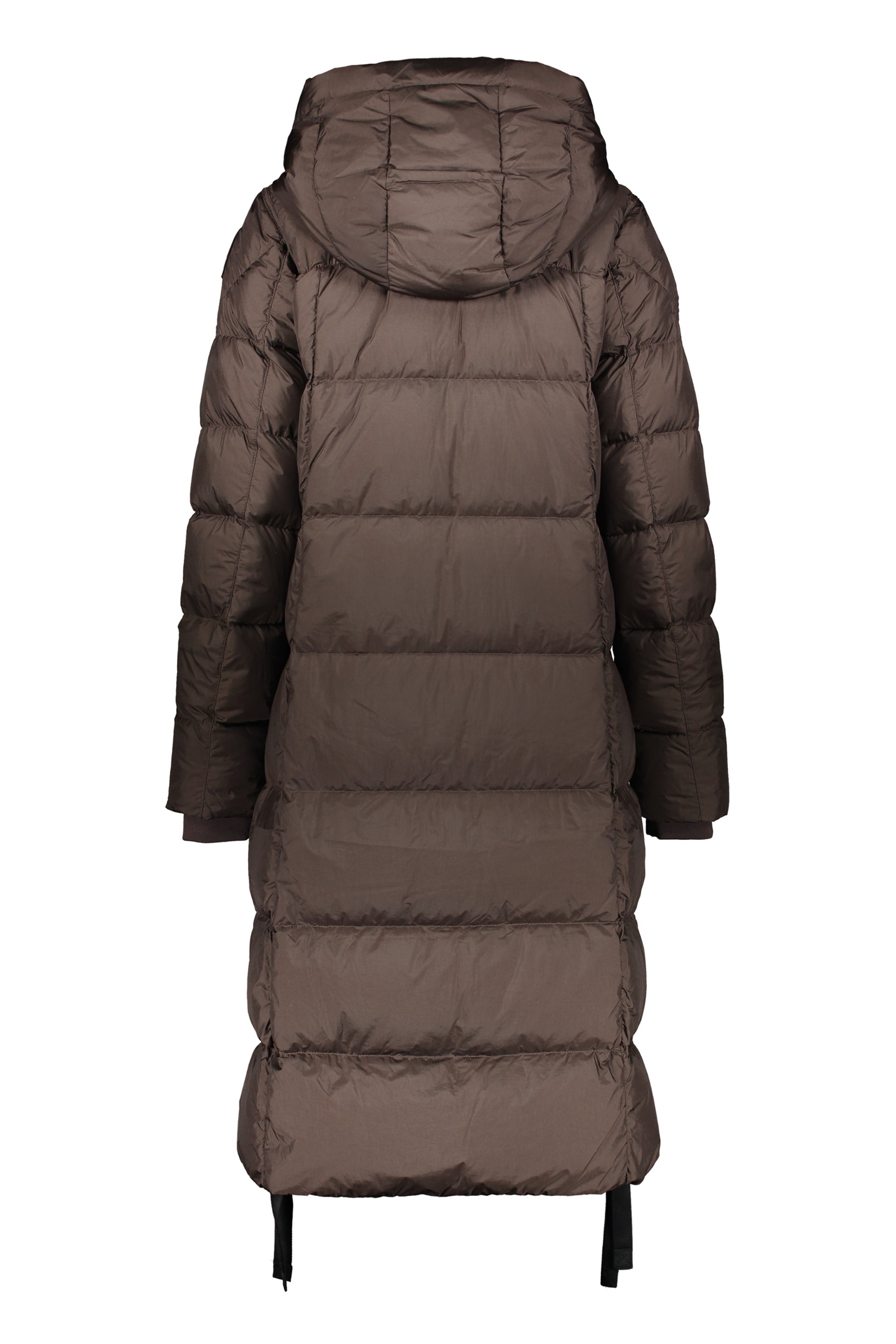 Dark brown long down jacket with adjustable hood