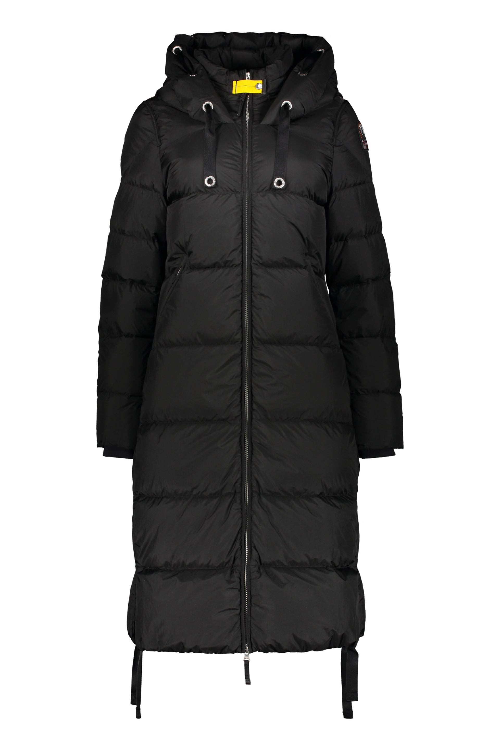 Long black puffer jacket with adjustable hood