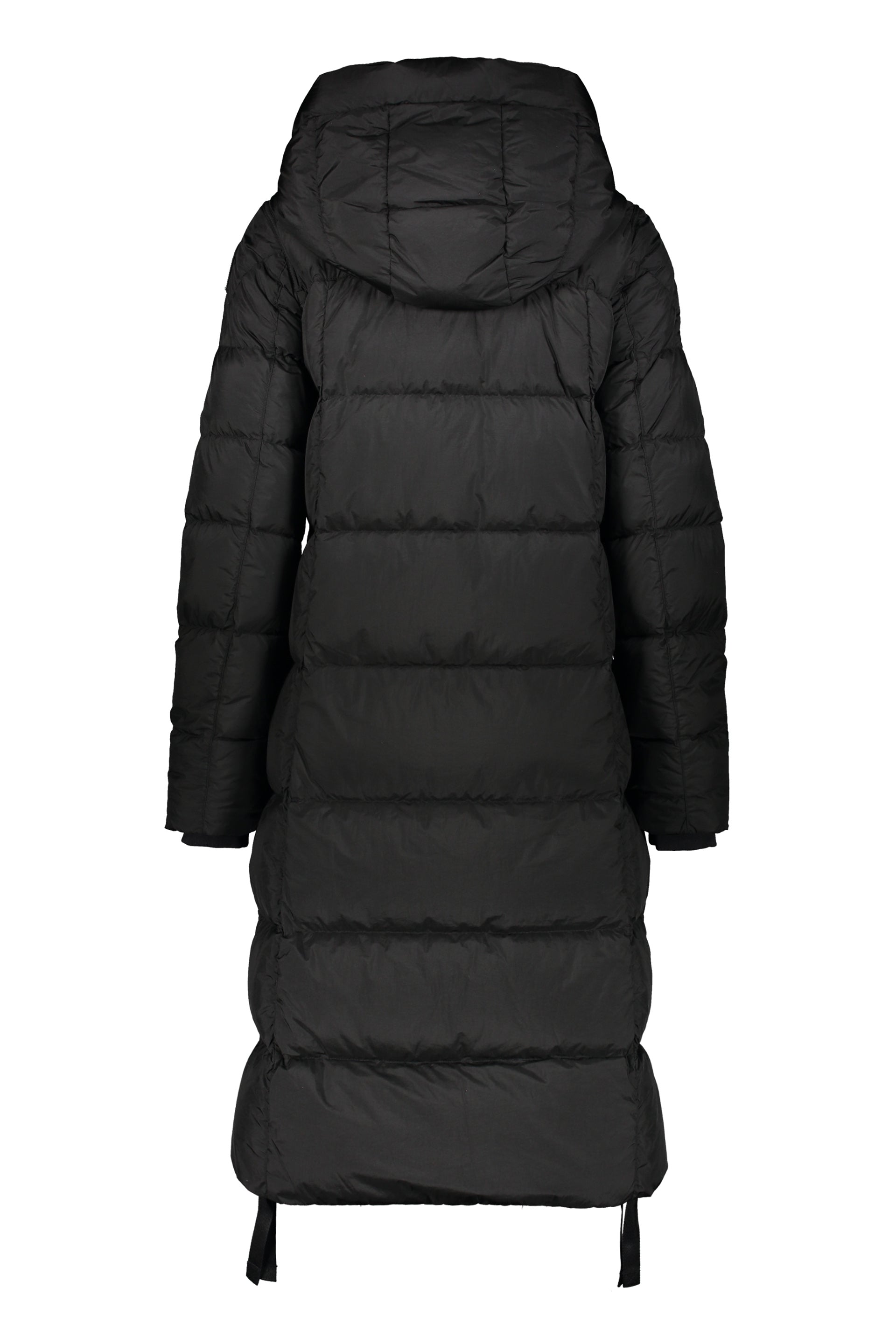 Long black puffer jacket with adjustable hood