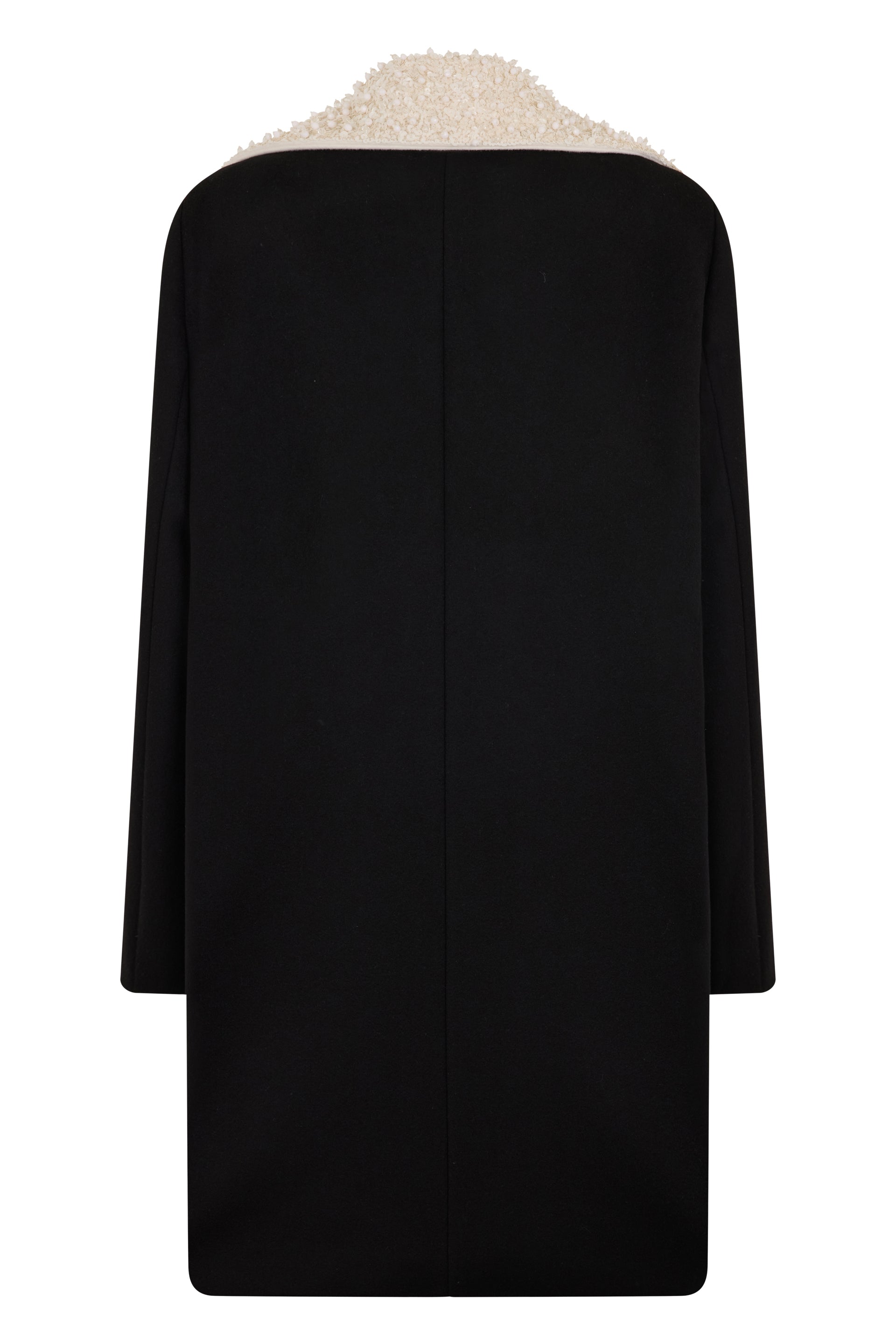 Elegant black coat with jewel collar adorned with sequins and beads