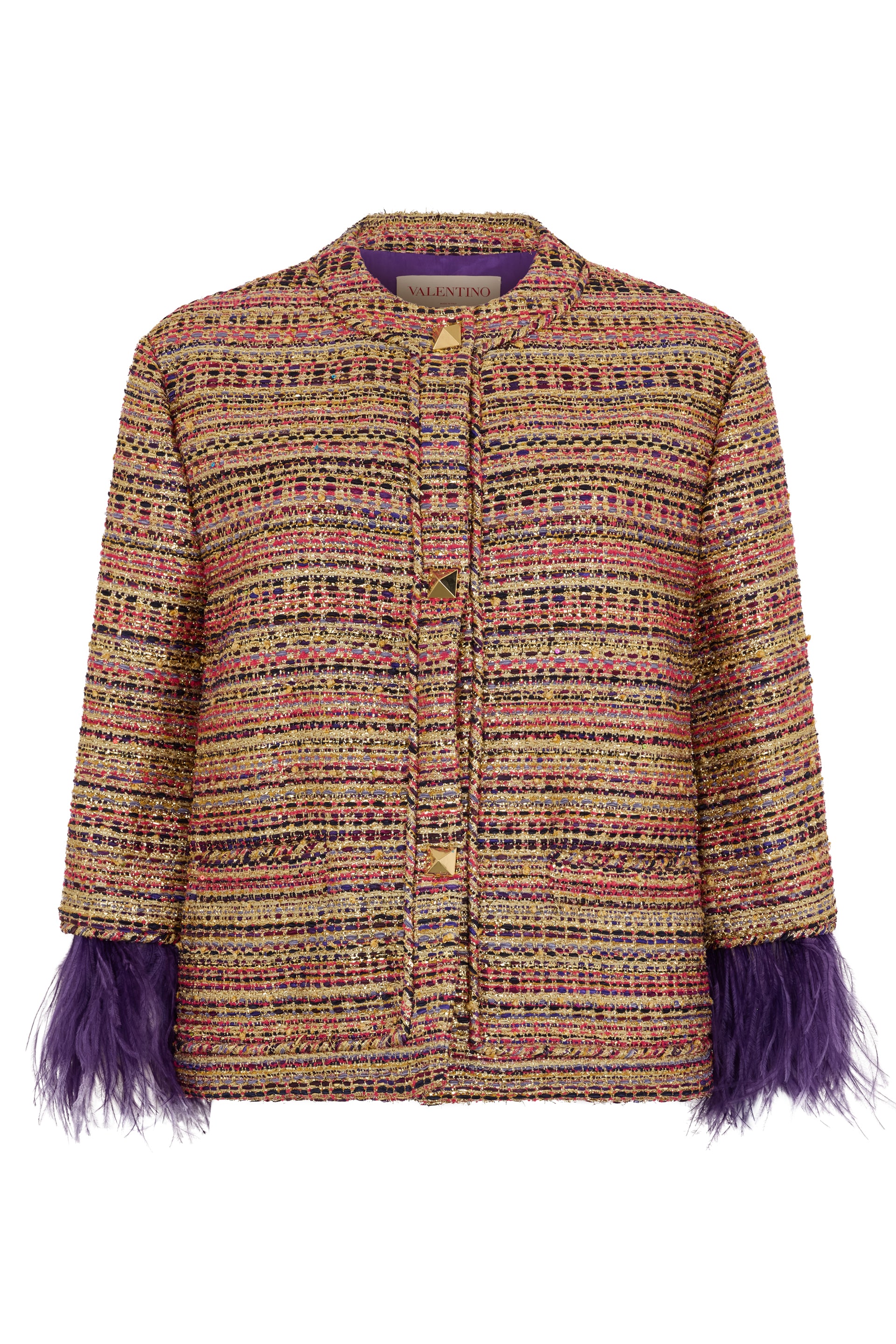 Elegant brown jacket with frayed purple details