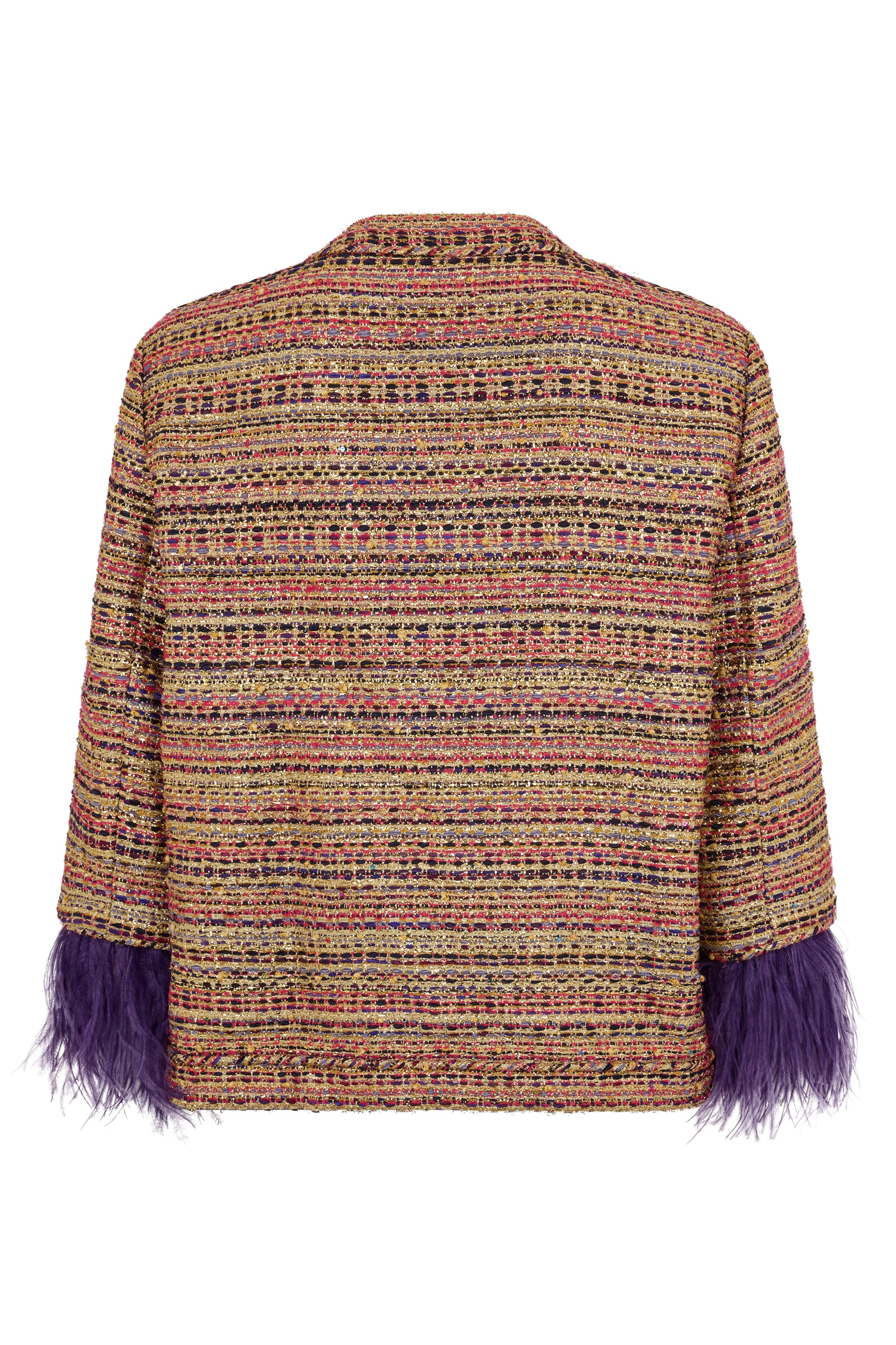 Elegant brown jacket with frayed purple details