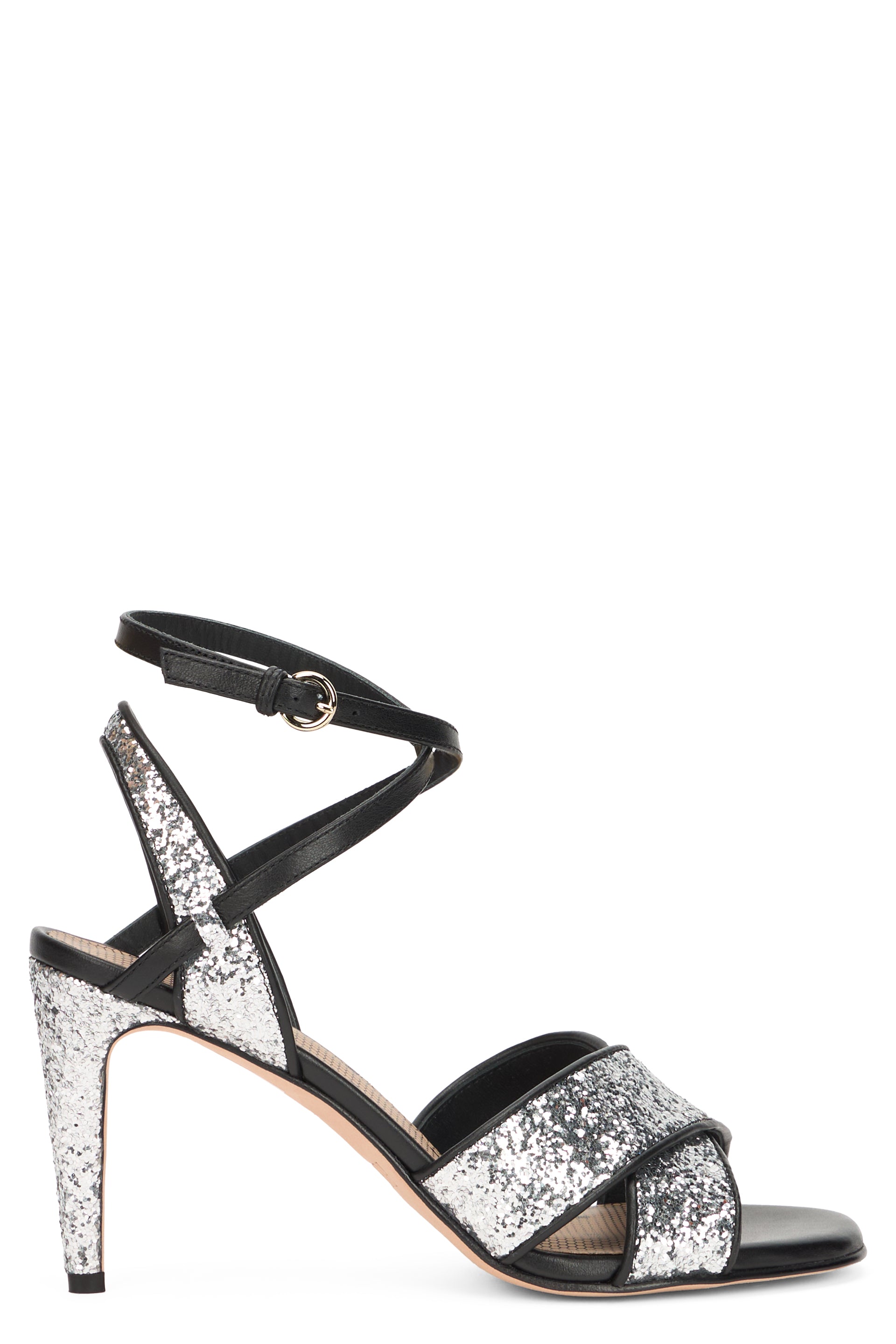 Elegant black sandal with high heel.