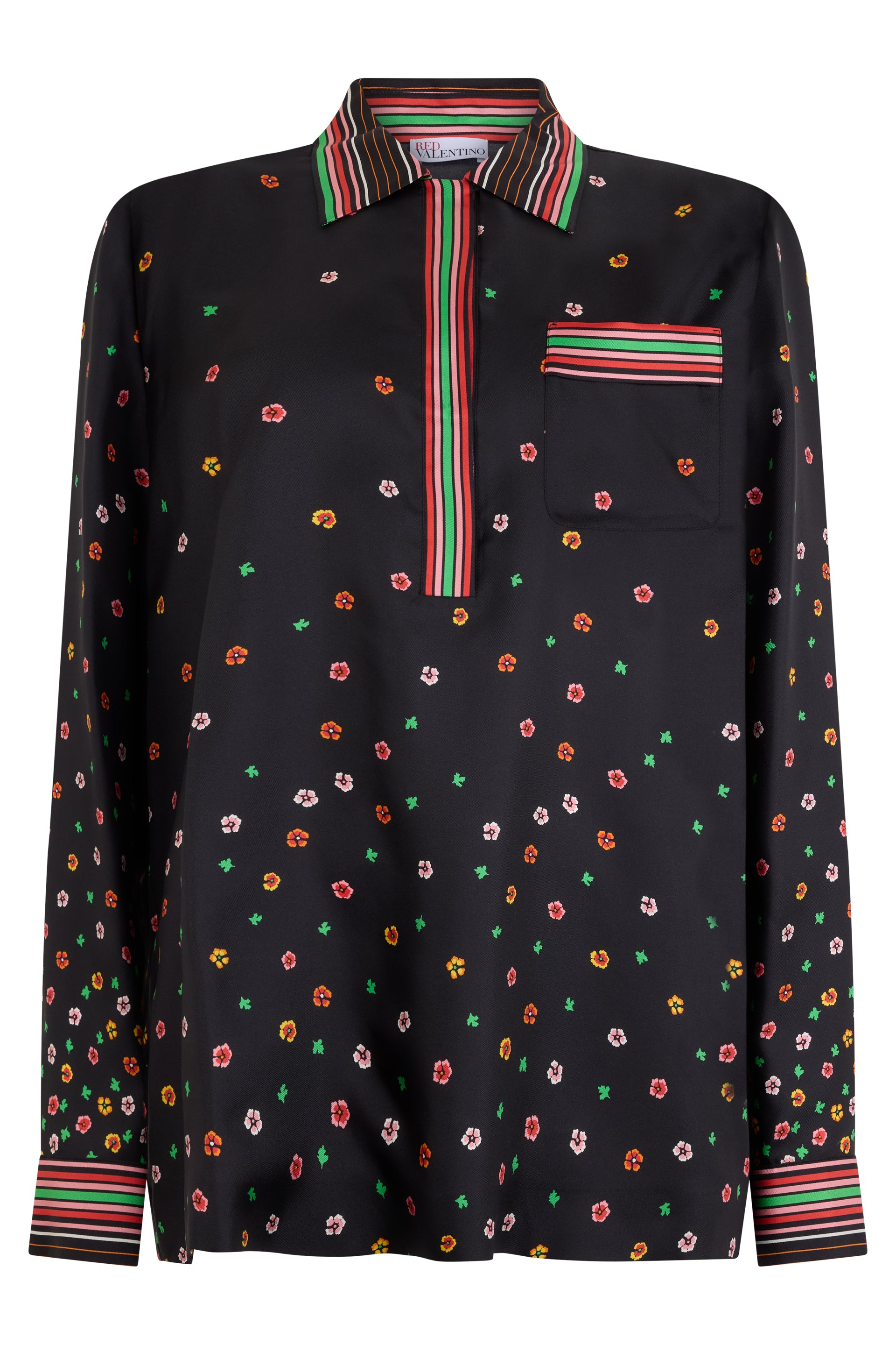 Elegant black blouse with floral print.