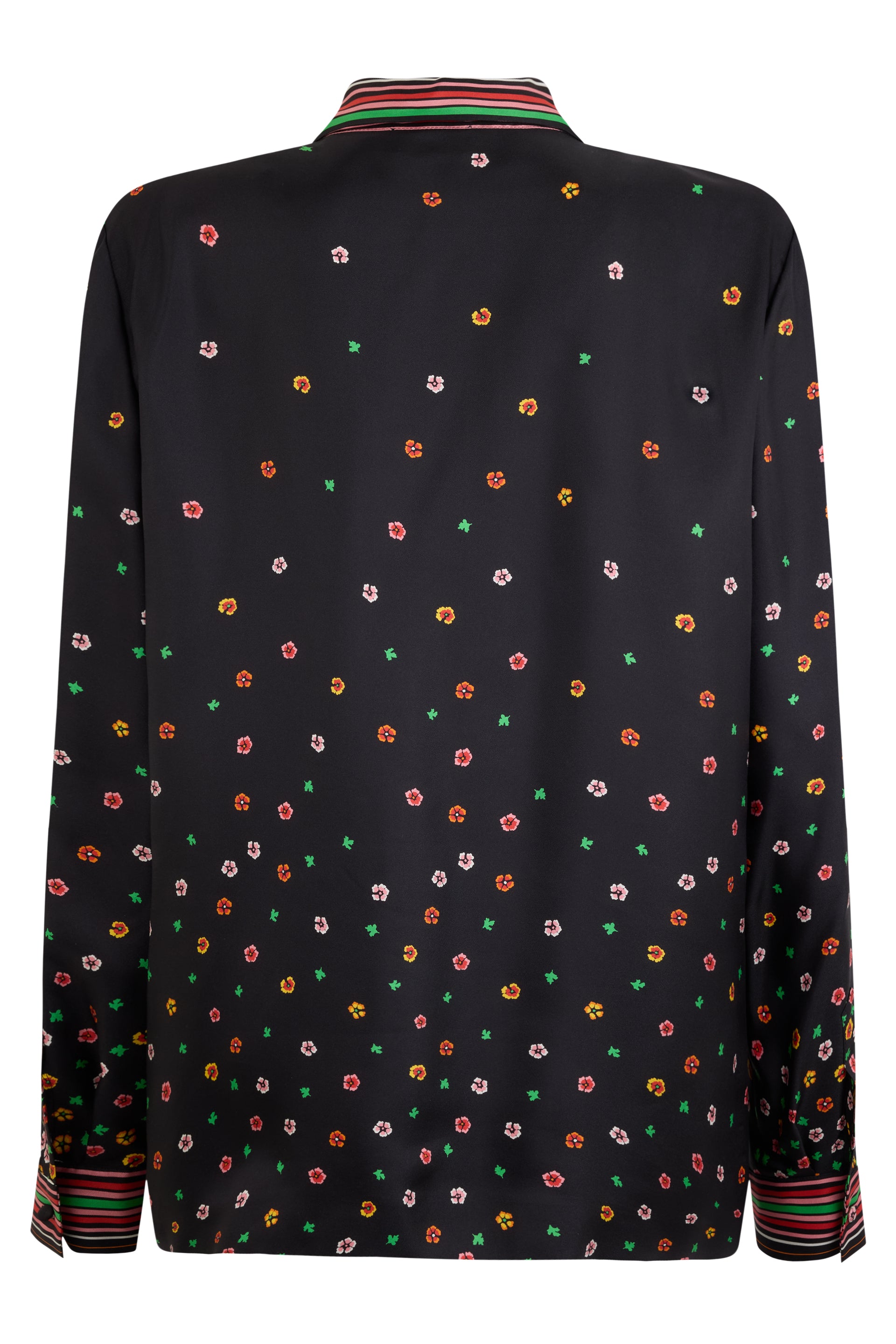 Elegant black blouse with floral print.