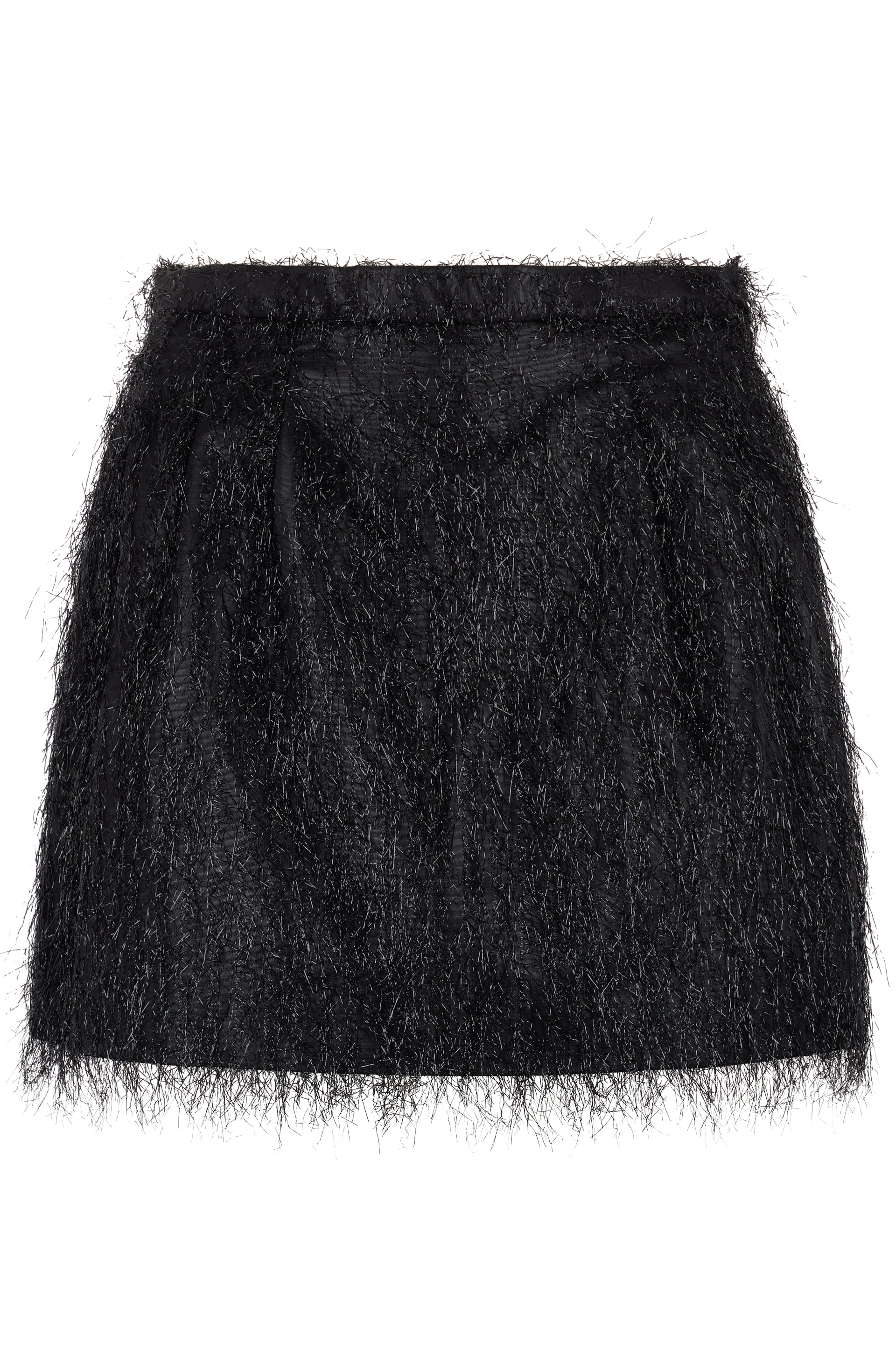 Black high-waisted pants with fringes.