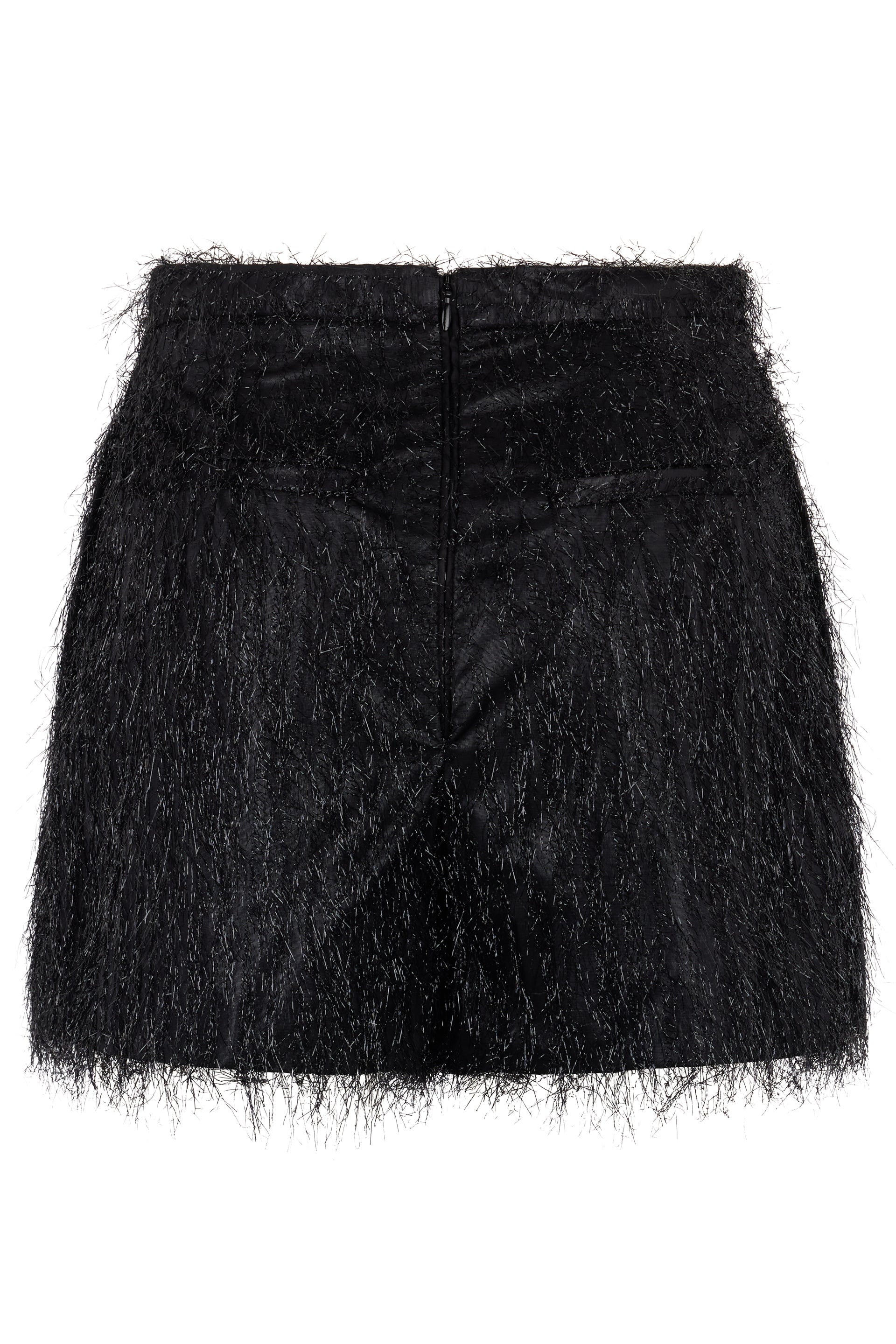 Black high-waisted pants with fringes.